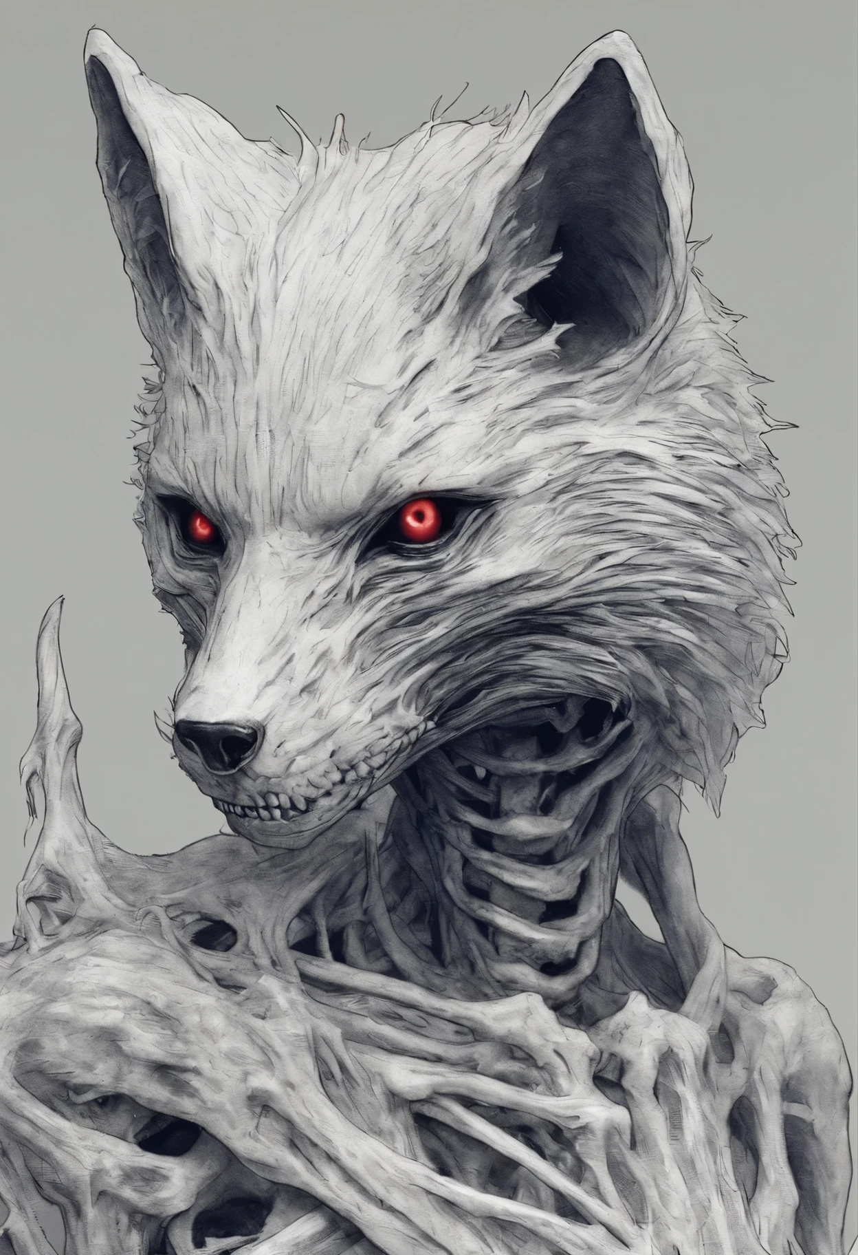 Arctic fox is with you, skeleton with remains of flesh, a lot of blood, grin, tears the body apart, 