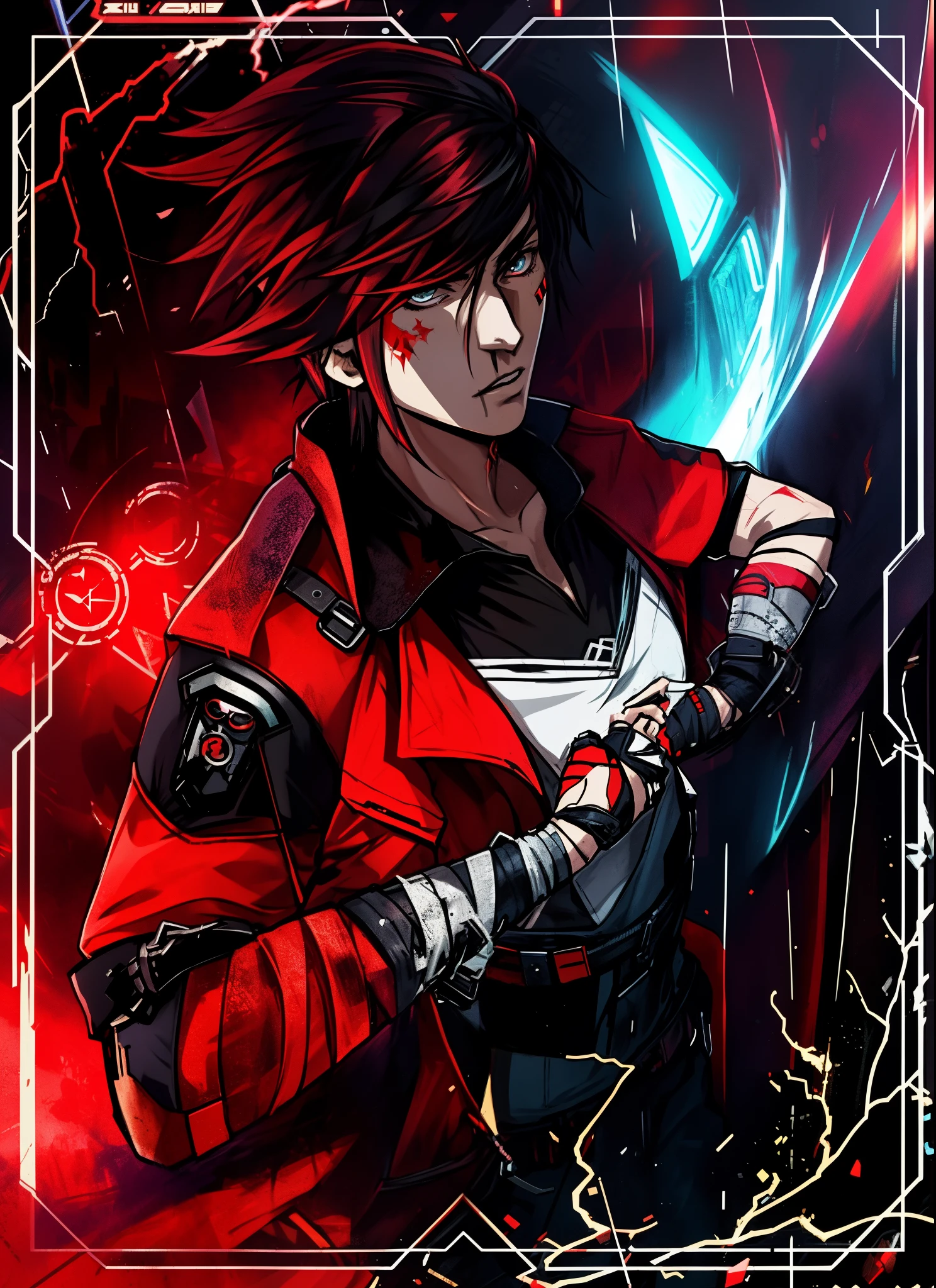 personagem de anime com cabelo ruivo e uma jaqueta vermelha segurando uma faca, arte digital de anime cyberpunk, anime foda 8k, epic anime style, jett de valorant, fanart requintada altamente detalhada, cyberpunk digital - arte de anime, Akira Estilo de Arte, arte cyberpunk de anime, guilty equipment strive splash art, inspired by Ryūsei Kishida, V de Devil May Cry como um elfo