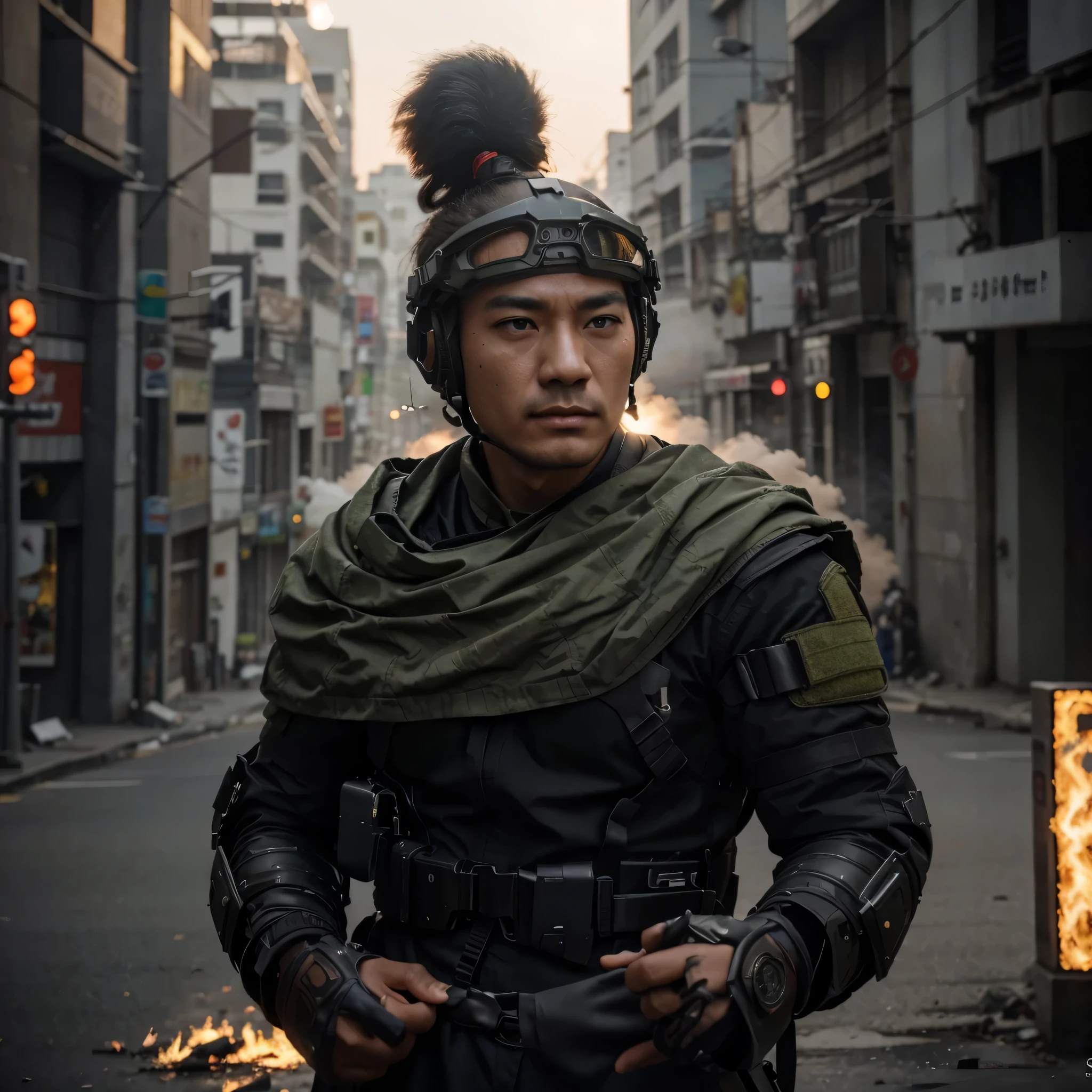 Soldado masculino, cara china, calvo, serious expression, he wears tactical sunglasses on his forehead, Ultra-modern tactical armor reinforced with greenish-gray metal plates., metal shoulder pads, guantes de cuero negro, ammunition belts, is in a destroyed asian city, mucho humo y fuego, Luz de noche, 4k, ultra detallado image, Realista, muy detallado, perfect composition, gorgeous, Intrincadamente detallado, incredibly detailed, 8 k artistic photography, hiper detallado, obra maestra, ultra detallado, hyper Realista , 4k, ultra detallado image, Realista, muy detallado, perfect composition, gorgeous, Intrincadamente detallado, incredibly detailed, 8K fine art photography, hiper detallado, obra maestra