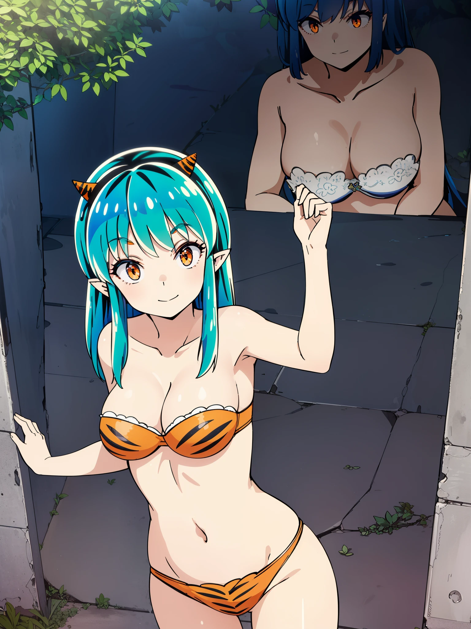 uruseiyatsurarum, rum, long hair, bangs, blue hair, (orange eyes:1.5), horn, pointed ears, aqua hair, oni horn, eye shadow, smile, (big breasts),tiger print, strapless bikini、
German woman in lingerie posing against stone wall, lace underwear big breasts, White lace petticoat, Lacey, wearing sexy lingerie, , Complex body, with beautiful exotic, scantily clad, , blue hair and perfect body, blue eyes,scantily clad, scantily clad!!, Sexy , Beautiful and detailed body and face, beautiful body, Thin black underwear