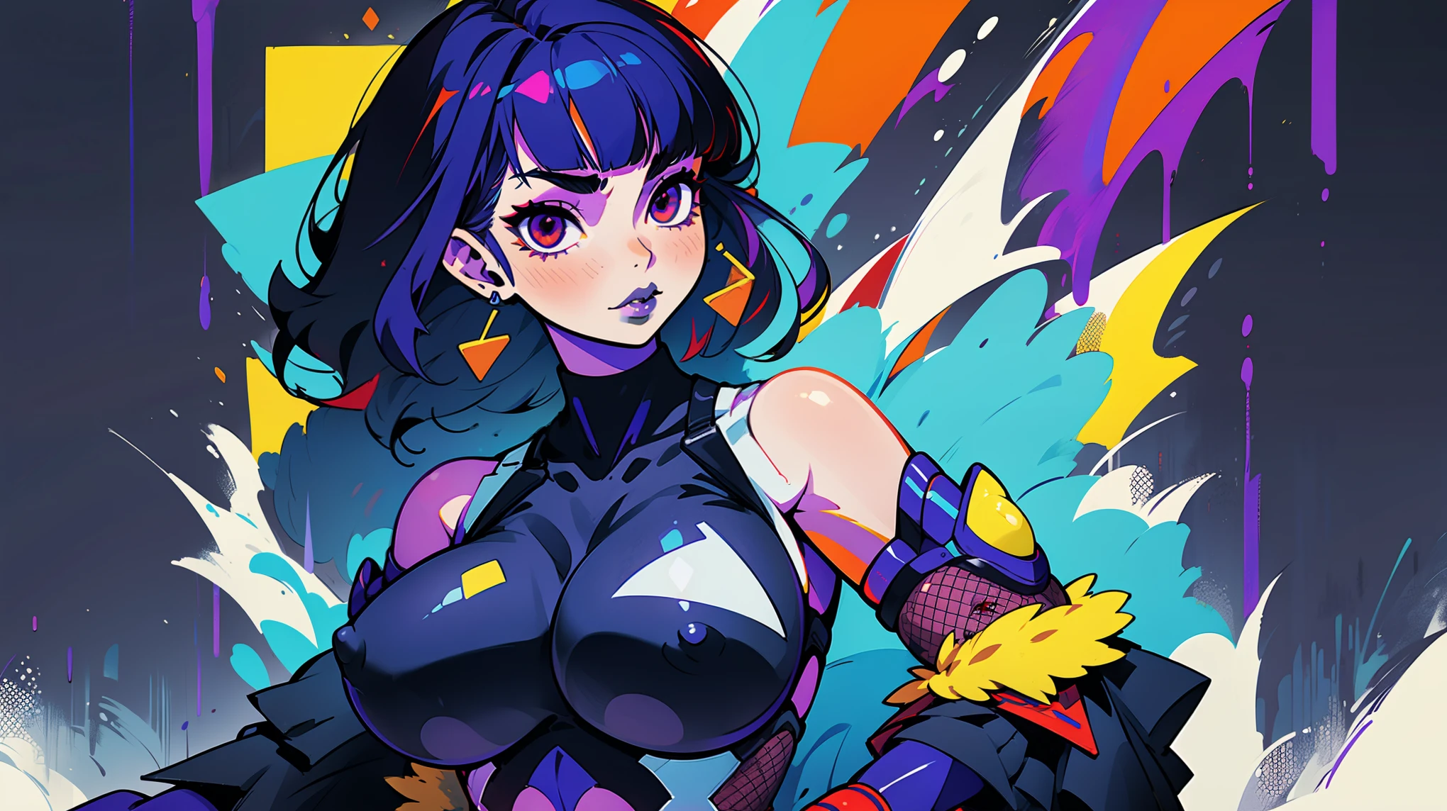 ((solo)). female character around 30 years old. mature body with large breasts and cleavage. she huge fake breasts with deep cleavage. absolutely massive titties. she wears a ninja style body mesh. wide hips. she has a sexy lewd erotic expression. red eyes. long purple hair with straight bangs. She wears eyeliner and black lipstick on her lips. she looks a model on a clothing ad. a combined neon and greyscale color style. the background has abstract spray paint. body faced towards viewer