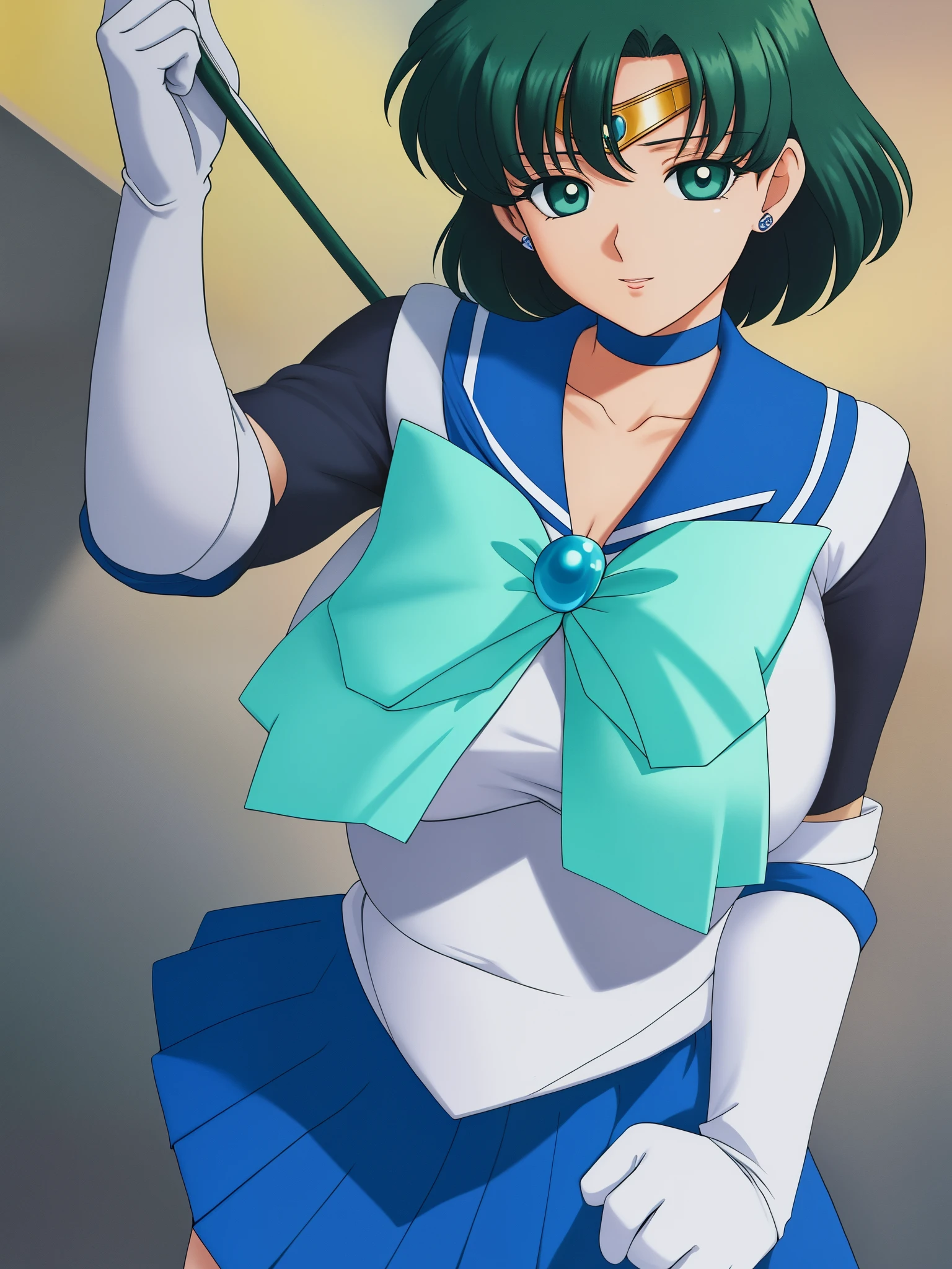 Mizuno, Huge_chest, Are standing, alone, Classic SMRC_green_skirt_white_gloves_green_boots_green_choker_green_bowtie_green_return_bow_circlet_green_brooch, masterpiece, highest quality, detailed face, fine eyes, High resolution,