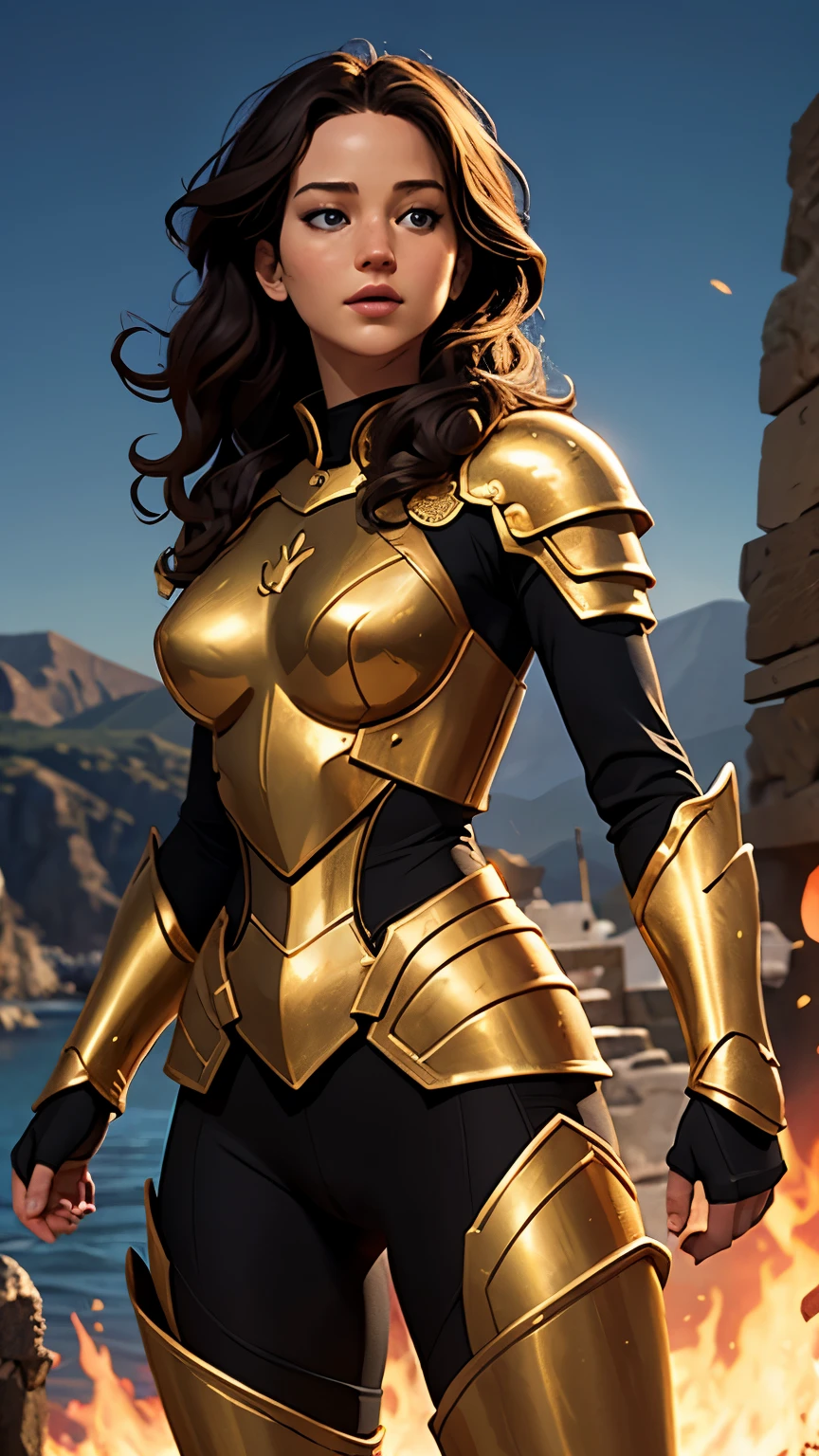 Jennifer Lawrence, ultrarealism, Ultraresolution, HDR, Photographic realism, Woman, medium breasts, curly black hair, with the golden armor of Scorpio, Knight of the Zodiac, in Greece, Fight, 8k, full body, slight smile, frontal shot.