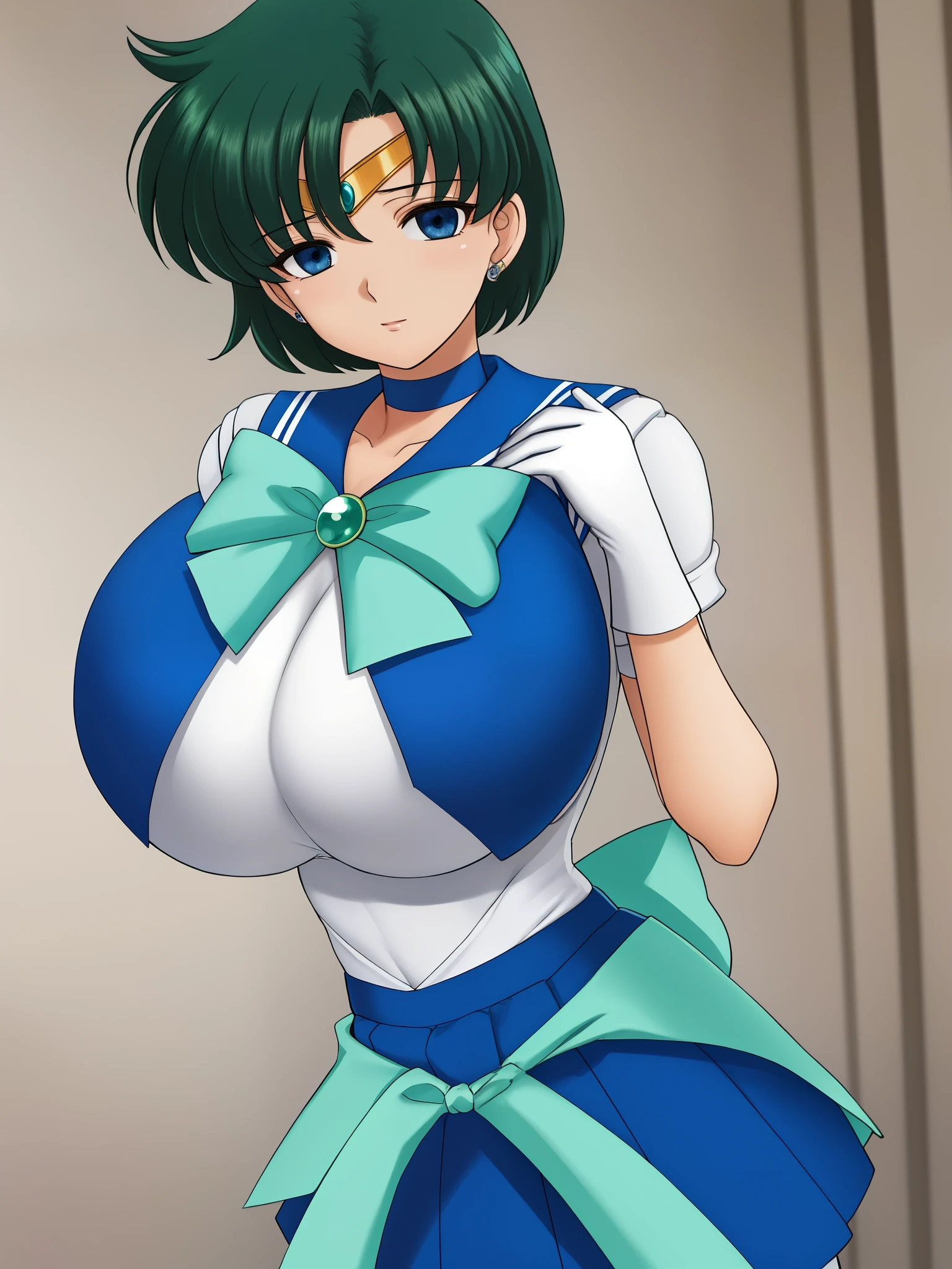 Mizuno, Huge_chest, Are standing, alone, Classic SMRC_green_skirt_white_gloves_green_boots_green_choker_green_bowtie_green_return_bow_circlet_green_brooch, masterpiece, highest quality, detailed face, fine eyes, High resolution,