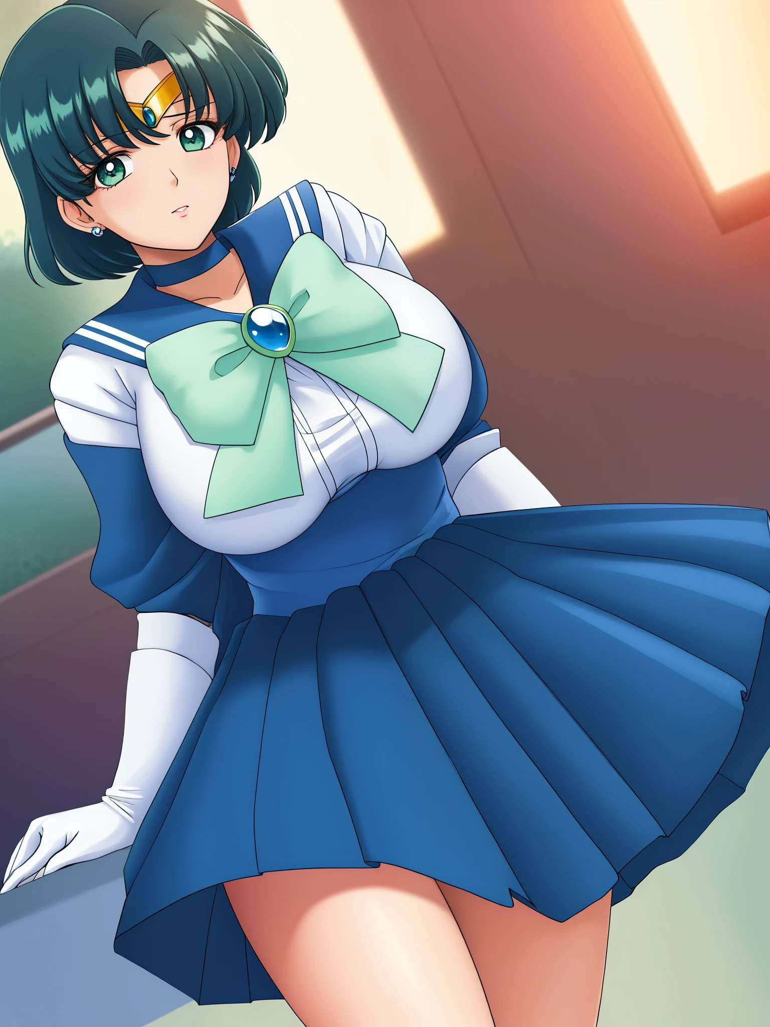 Mizuno, Huge_chest, Are standing, alone, Classic SMRC_green_skirt_white_gloves_green_boots_green_choker_green_bowtie_green_return_bow_circlet_green_brooch, masterpiece, highest quality, detailed face, fine eyes, High resolution,