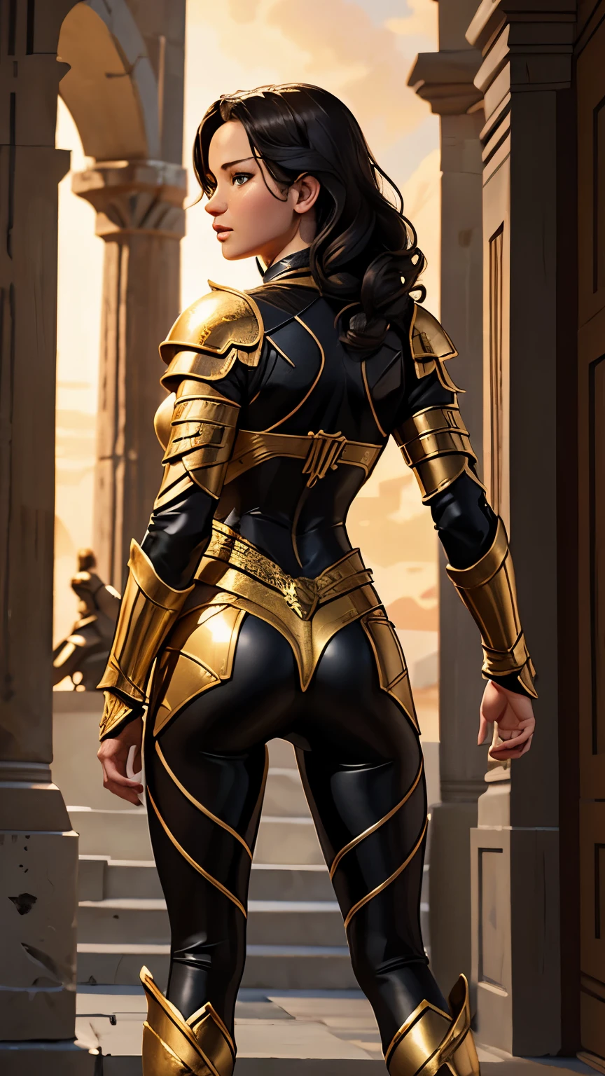 Jennifer Lawrence, ultrarealism, Ultraresolution, HDR, Photographic realism, Woman, medium breasts, curly black hair, with the golden armor of Scorpio, Knight of the Zodiac, in Greece, Fight, 8k, full body, slight smile, shot from behind.