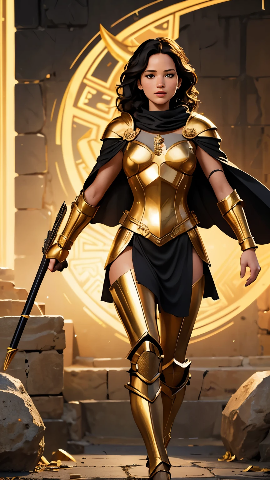 Jennifer lawrence, ultrarealism, Ultraresolution, HDR, Photographic realism, Woman, medium breasts, curly black hair, with the golden armor of Scorpio, Knight of the Zodiac, golden Athenian helmet, black cape, in Greece, Fight, 8k, full body, slight smile , front shot.