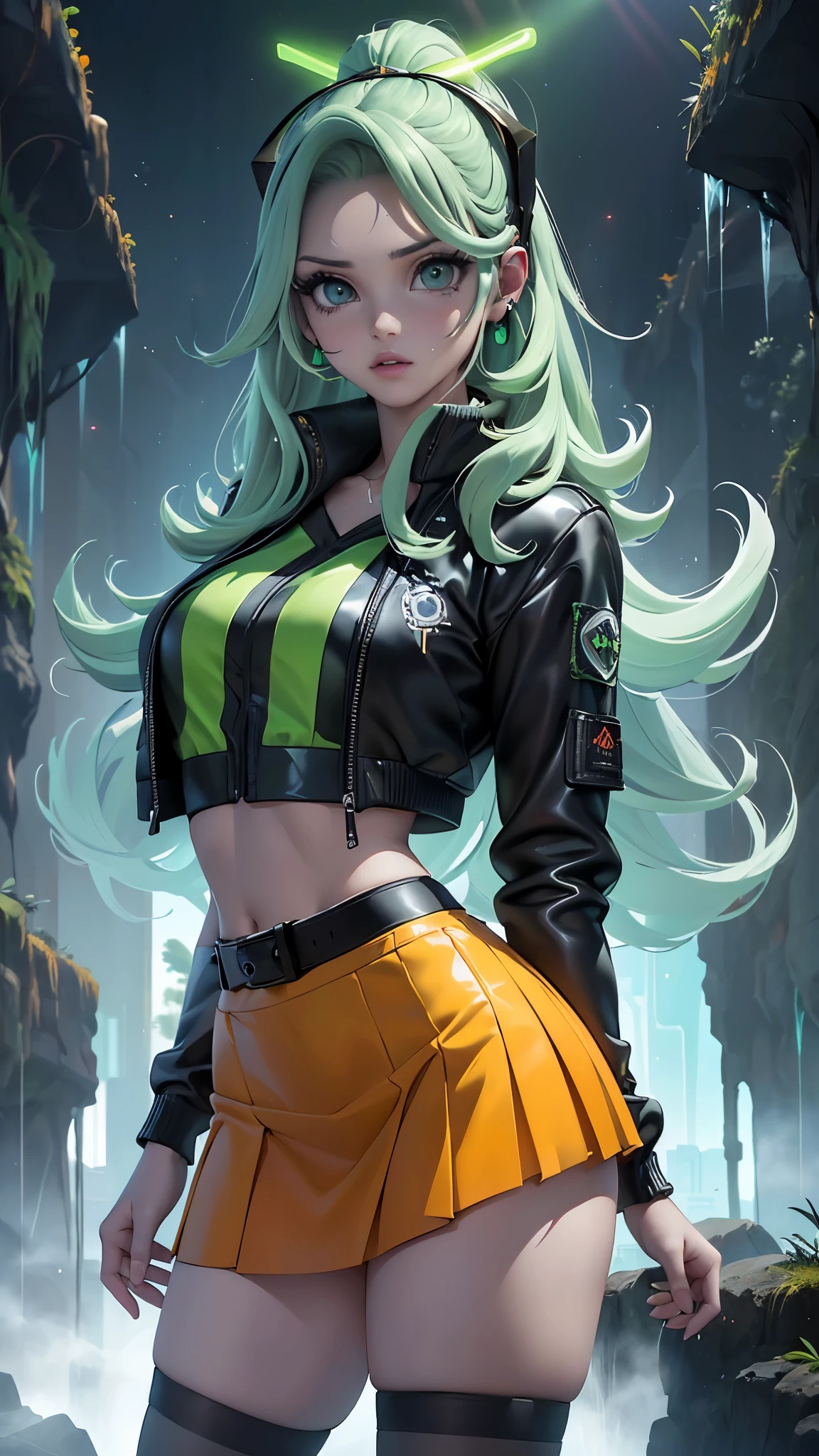(La mejor calidad,A high resolution,Ultra - detallado,actual),Ariana Grande vestida con chaqueta verde ciborg,dance balet ,(chaqueta student neon verde:1.4), (miniskirt transparente verde colegiala ciborg:1.4),tokyo city alley wall background, cabello largo white canoso, ,More detailed 8K.motor irreal:1.4,UHD,La mejor calidad:1.4, fotorrealista:1.4, textura de la piel:1.4, obra maestra:1.8,obra-prima, mejor calidad,objeto Objeto], (detailed face features:1.3),(Las proporciones correctas),(convexo Dedos detallados),(Ojos hermosos azules),  (pose vaquero) ,(chaqueta transparente verde ciberpunk:1.4), (fondo hielo congelado caverna:1.4), (chaqueta orange+rojo ciborg:1.4), cabello largo rojo, (perfect anatomy ), (tiene un parche en el ojo de pirata:1.4) ,(cyber cyborg orange red chaqueta) , (mostrando vientre plano), (has transparent plastic clothing:1.4) ,(mostrando panties encaje) ,(Piel negra Africana:1.4) ,( ciberpunk 2.1), (cabello largo yellow neon:1.4), (yellow cyberpunk Bluetooth headphones on the head:1.4) ,(mostrando brasier color amarillo encaje:1.4), pechos grandes, 