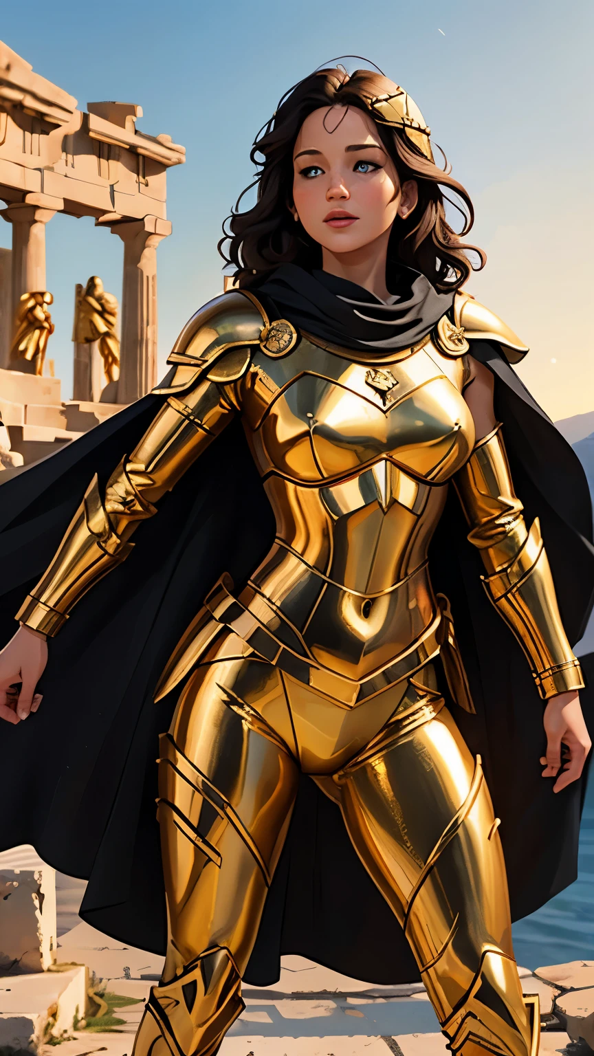 Gal gadot, (perfect anatomy), (perfect face and eyes) (undeformed eyes) golden goddess Athena, armor covers the whole body, full armor great details, art, whole body, with gold cowboy lace at the waist, artwork, full body, with golden boots, muscular body.