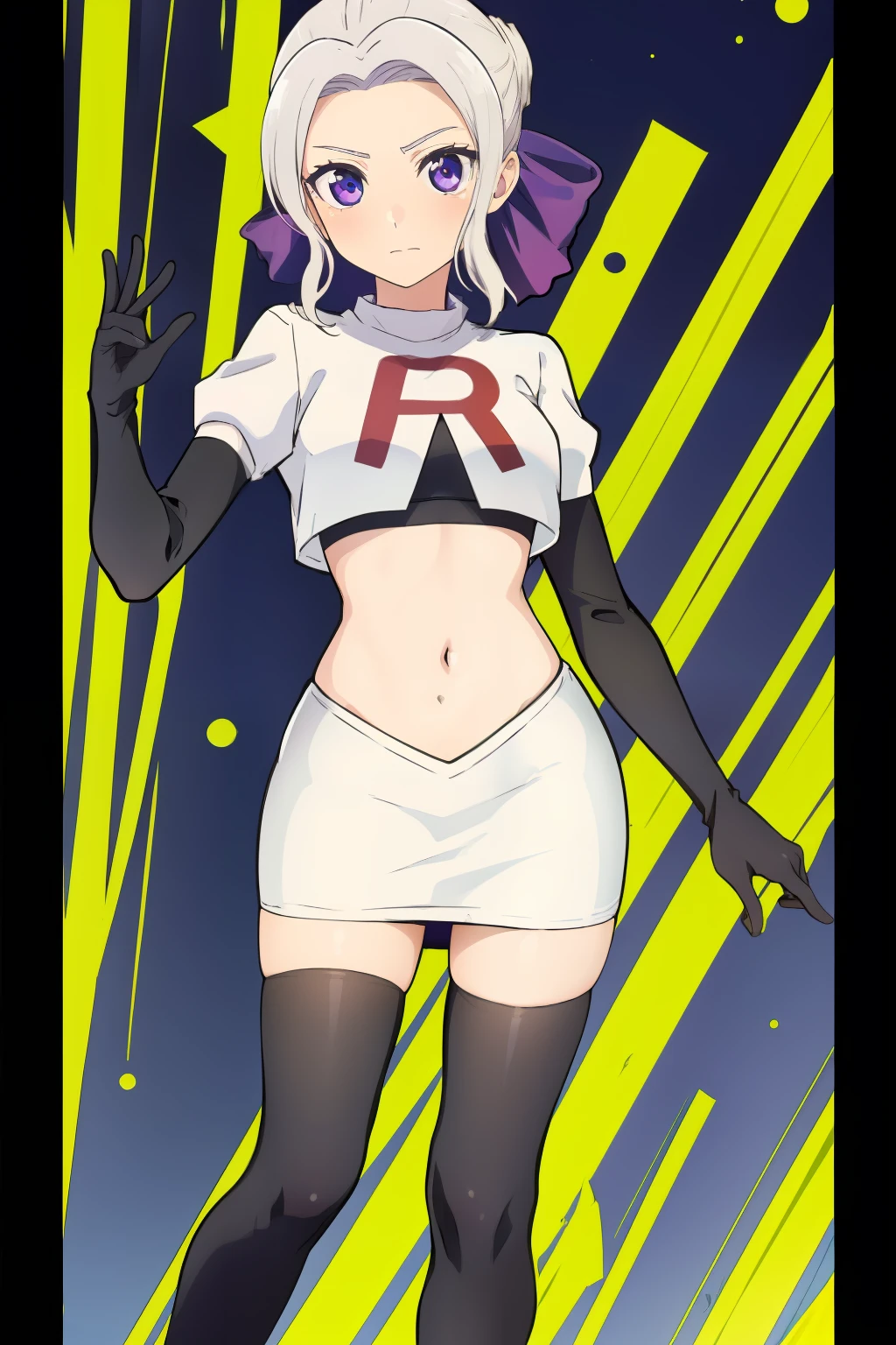 ((best quality)),((highly detailed)),masterpiece,absurdres,detailed face,beautiful face,(detailed eyes, deep eyes),(1girl),((dynamic pose)), shino, 1girl, solo, purple eyes, looking at viewer, fairy background, ribbon, hair ribbon, purple ribbon, white hair, team rocket,team rocket uniform,white skirt,red letter R,crop top,black thigh-highs,black elbow gloves