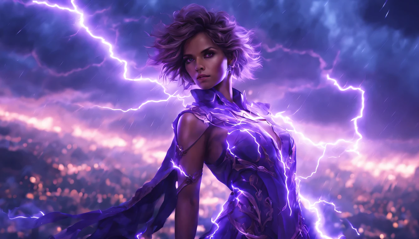 Uma jovem garota de corpo inteiro (Halle Berry), Zenistu, e com roupas Vermelhas e brancas, Purple and White Lightning, cabelos brancos, Purple eyes, Sky Lightning, Fio Eletroluminescente, magic sparks, enchanted magical fantasy. Peach Blossom Land, heaven, Jogo CG, Hand Painted Style, 8k, Ultra HD | |, arte digital conceitual, Azure azul e cinza,(Very detailed, A huge amount of purple lightning shot out from the girl'the hand and hit the city, lightning clouds, Atmospheric lightning, Pink Lightning, with thunderstorms, Tempestade escura with lightning bolts, Dramatic purple lightning, raios no heaven, contrast lightning, trovoada no heaven, lightning in the background, with lightning bolts, Reasonable design, linhas claras, Alta nitidez, melhor qualidade, master part, 4k ).