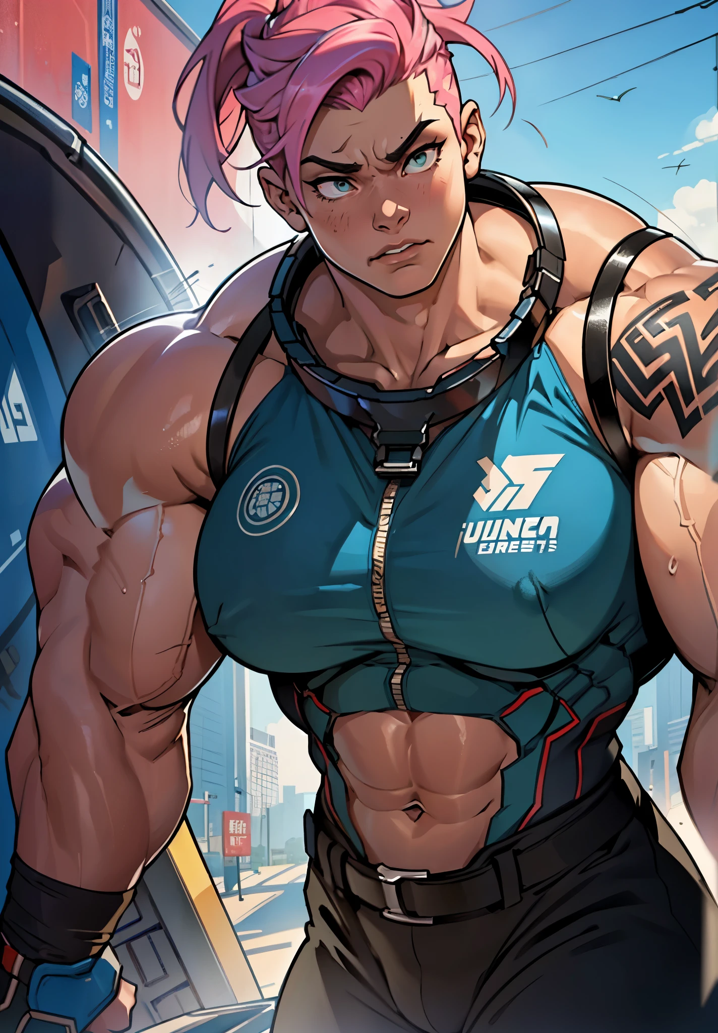 (highest quality, masterpiece, ultra high resolution, detailed background,), upper body, looking at the viewer, intricate details, 1 girl, (((((muscular))))), anger, Shame, zarya, Close up of a bodybuilder woman with pink hair, muscular ultraviolent woman, huge muscles, huge muscles, huge muscles, exaggerated physique, extreme muscles, huge muscles, big muscles, 誇張されたmuscular体格, muscular girl, exaggerated muscles, big muscles, exaggerated physique, feminine and muscular, strong and strong々It was, muscular!! Science fiction, muscular and terrifying, big ball,