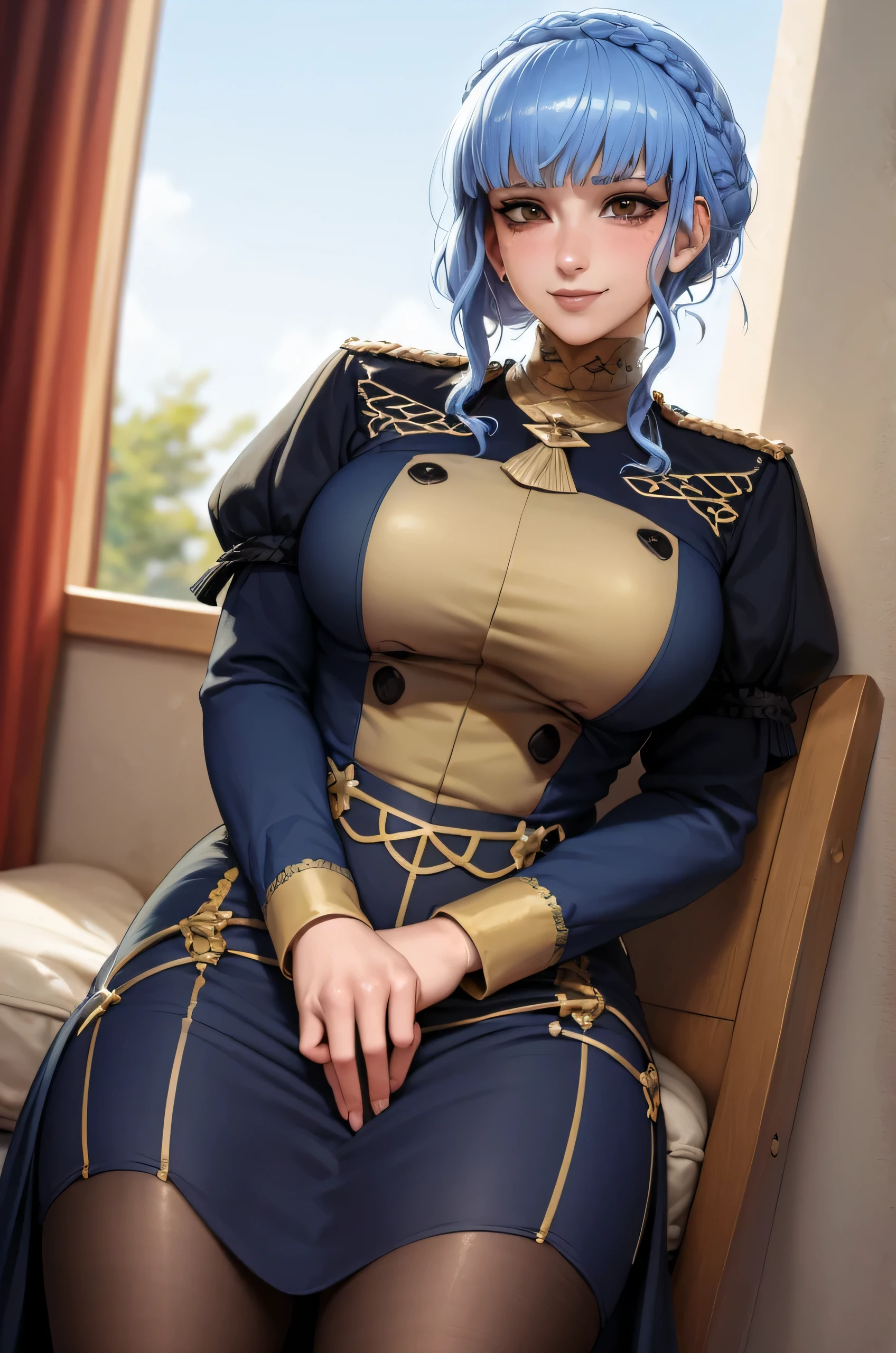 (best quality,masterpiece:1.3), (mature woman, milf), tall, anime, masterpiece, beautiful eyes, detailed eyes, best quality, detailed face, 1girl, solo, marianne_academy, uniform, black skirt, garreg mach monastery uniform, blue pantyhose, crown braid, uniform, epaulettes, long sleeves, beautiful, smiling, blushing, thick thighs, plump, sciamano240, soft shading, detailed, semi-realistic,