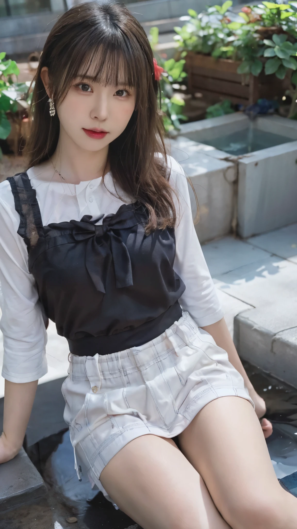 Photo taken by a professional photographer，21 year old Japan cute girl，Close-up of a woman sitting on a stone ledge, Young and cute gravure idol, realistic young gravure idol, sakimichan, young gravure idol, Chiho, motto hole, Young skinny gravure idol, shikamimi, Young sensual gravure idol, sophisticated gravure idol, japanese model, mid shot portrait