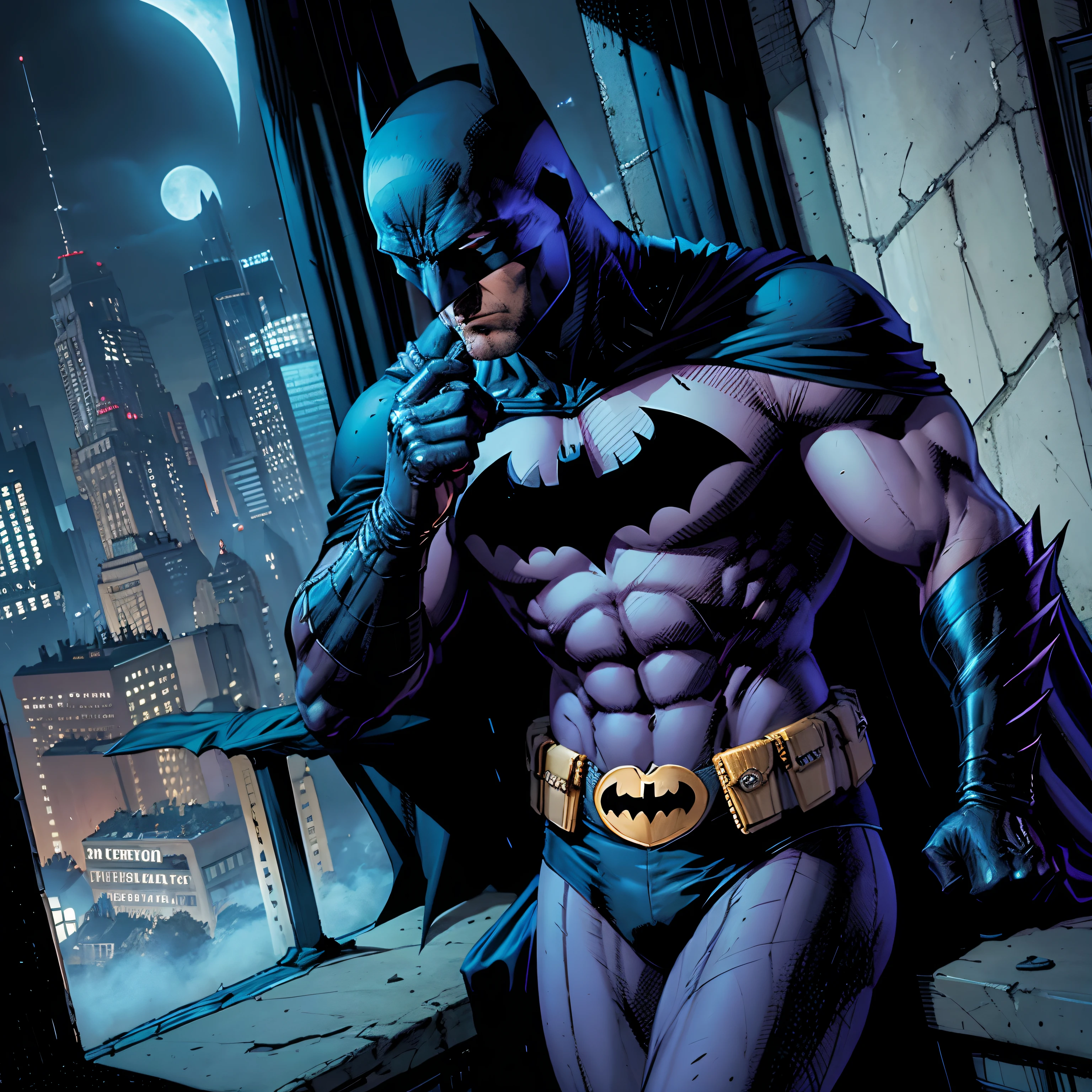 Batman, In your moment of loneliness, recorda sua amada falecida, enquanto canta tristemente uma melodia no alto da Torre Wayne. The pain in his heart contrasts with his firm posture as a night watchman. Mesmo nas trevas, seu amor permanece eterno.