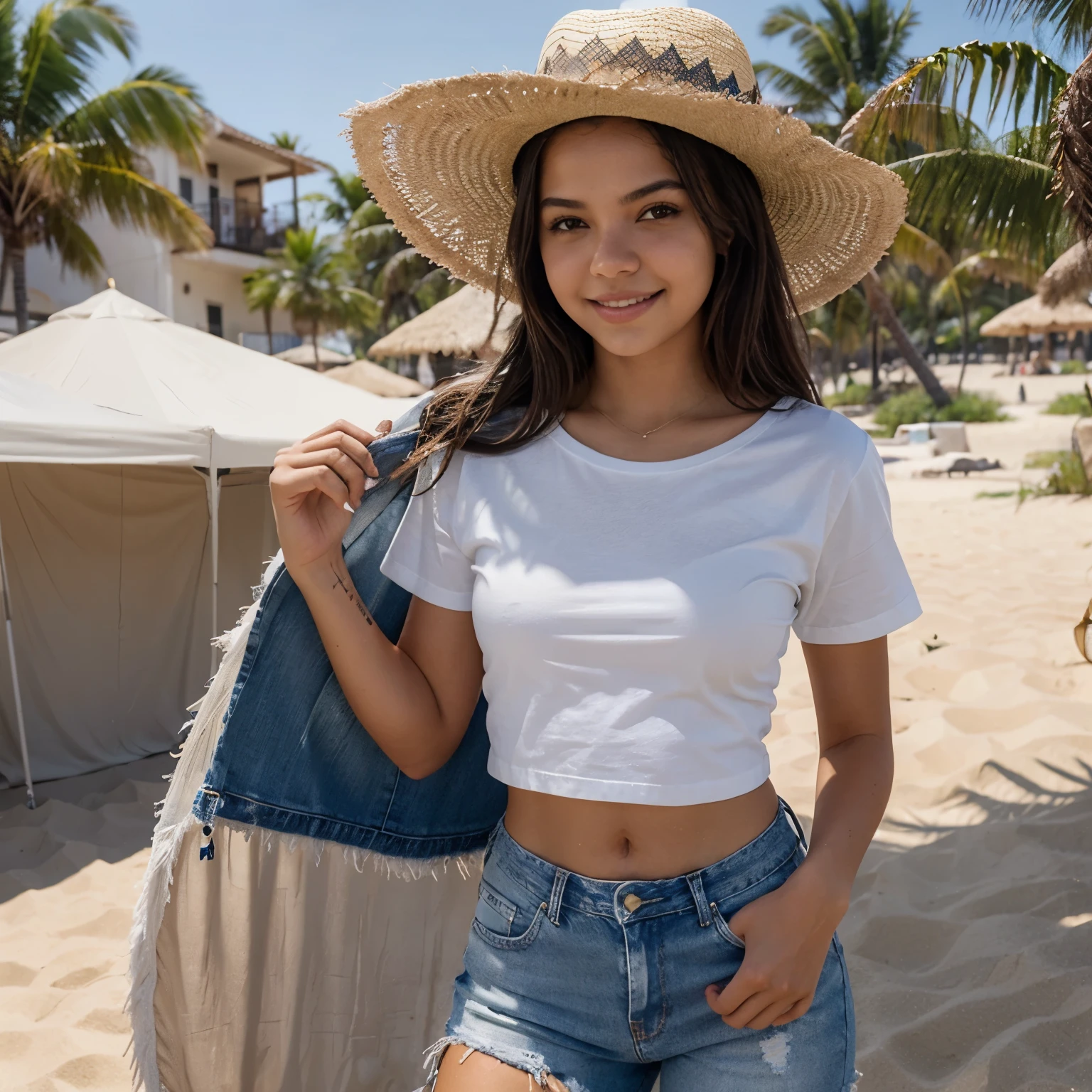 Mujer arafed con un short de jean and a white t-shirt, sand in the background, (isabela moner:1.1), (emily ratajkowski:0.5),(shyly smile:1.2), con un sombrero bonito, sombrero de verano, lindo sombrero
