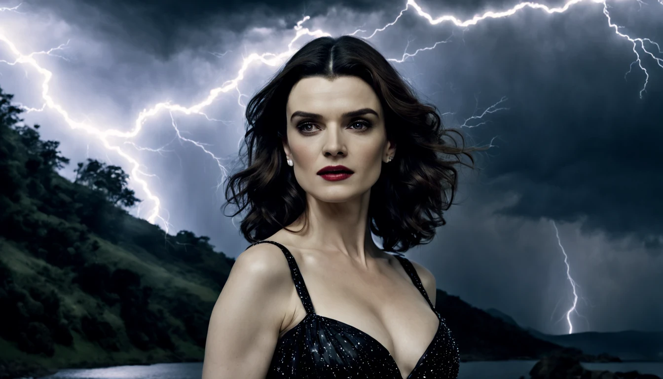 uma linda modelo (Rachel Weisz) em um vestido de noite preto marcante, Sob suave luar e Atmospheric lightning, lightning in the background, with lightning bolts, Reasonable design, linhas claras, Alta nitidez, melhor qualidade, master part, 4k ).