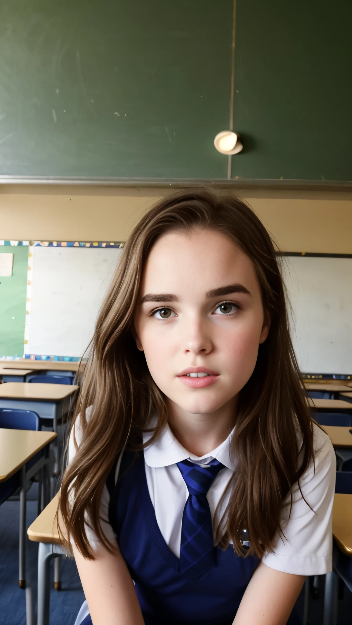 Zoey Deutch, school uniform, classroom, school, extremely low angle shot