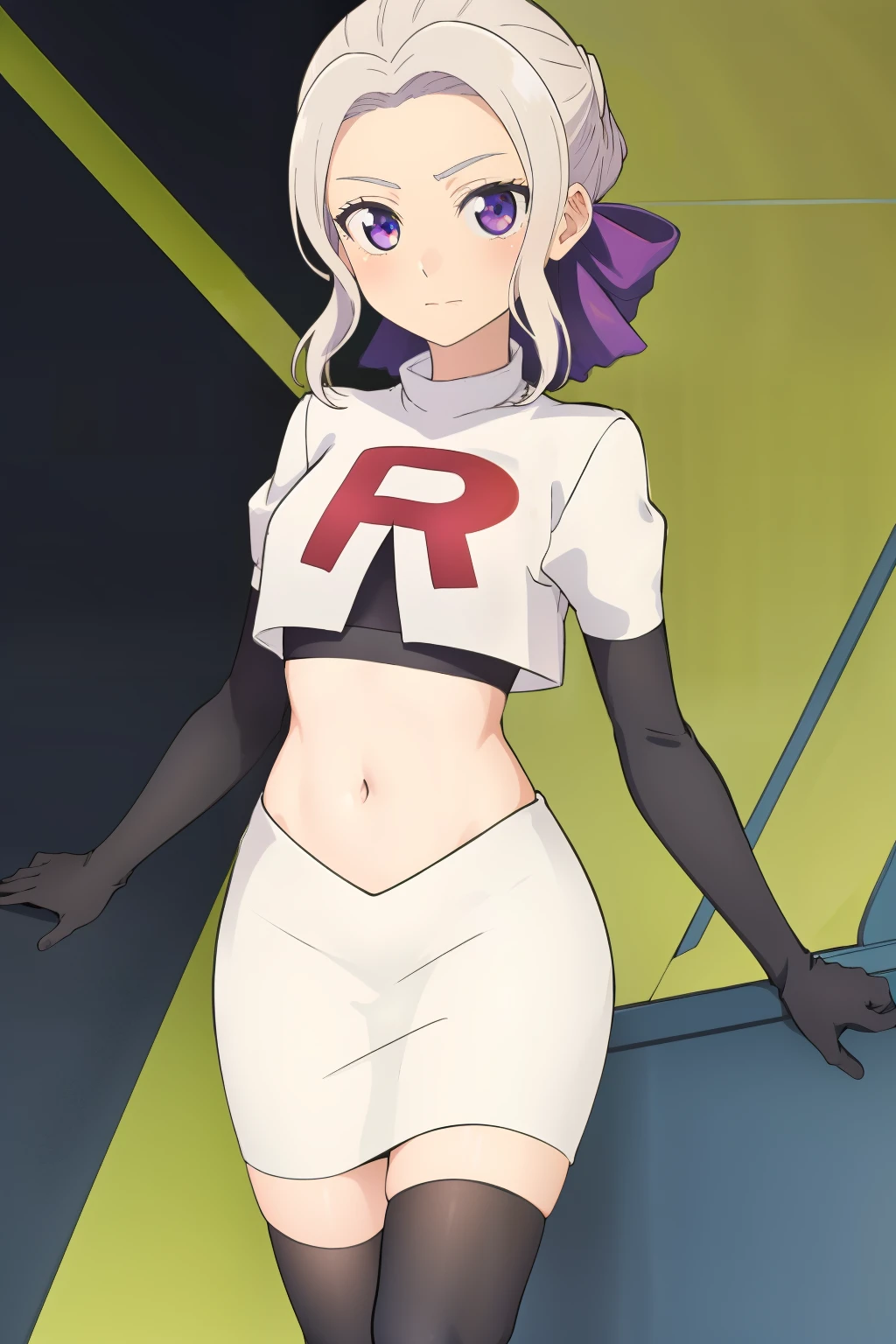 ((best quality)),((highly detailed)),masterpiece,absurdres,detailed face,beautiful face,(detailed eyes, deep eyes),(1girl),((dynamic pose)), shino, 1girl, solo, purple eyes, looking at viewer, fairy background, ribbon, hair ribbon, purple ribbon, white hair, team rocket,team rocket uniform,white skirt,red letter R,crop top,black thigh-highs,black elbow gloves