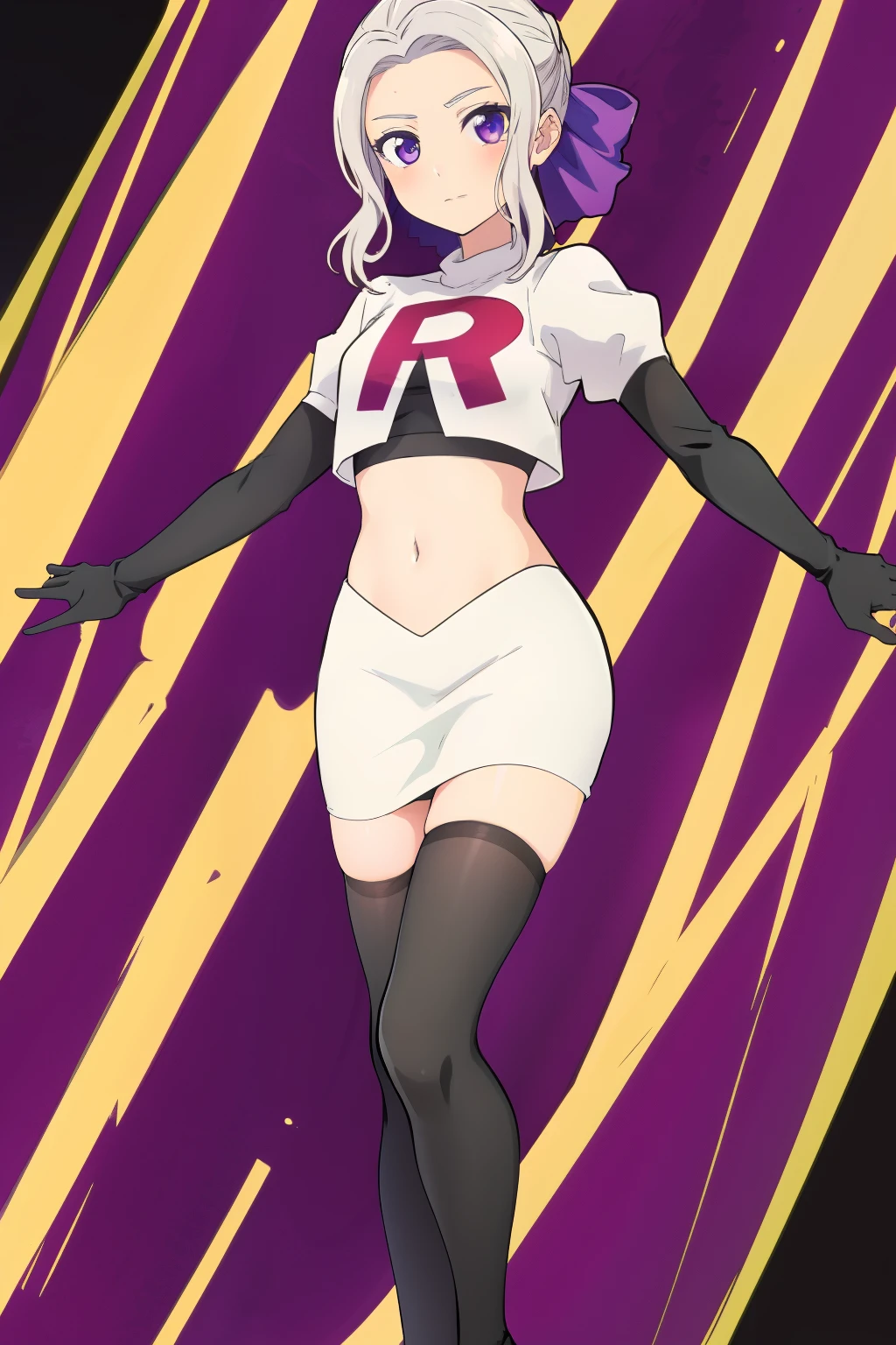 ((best quality)),((highly detailed)),masterpiece,absurdres,detailed face,beautiful face,(detailed eyes, deep eyes),(1girl),((dynamic pose)), shino, 1girl, solo, purple eyes, looking at viewer, fairy background, ribbon, hair ribbon, purple ribbon, white hair, team rocket,team rocket uniform,white skirt,red letter R,crop top,black thigh-highs,black elbow gloves