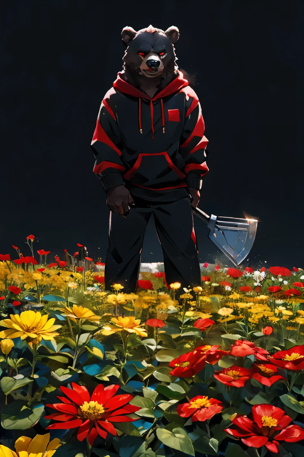 a thin bear with grey Furr wearing a black and red striped sweatshirt with a red colored eye and a blue colored eye standing in a black void yellow flower bed caring a shovel