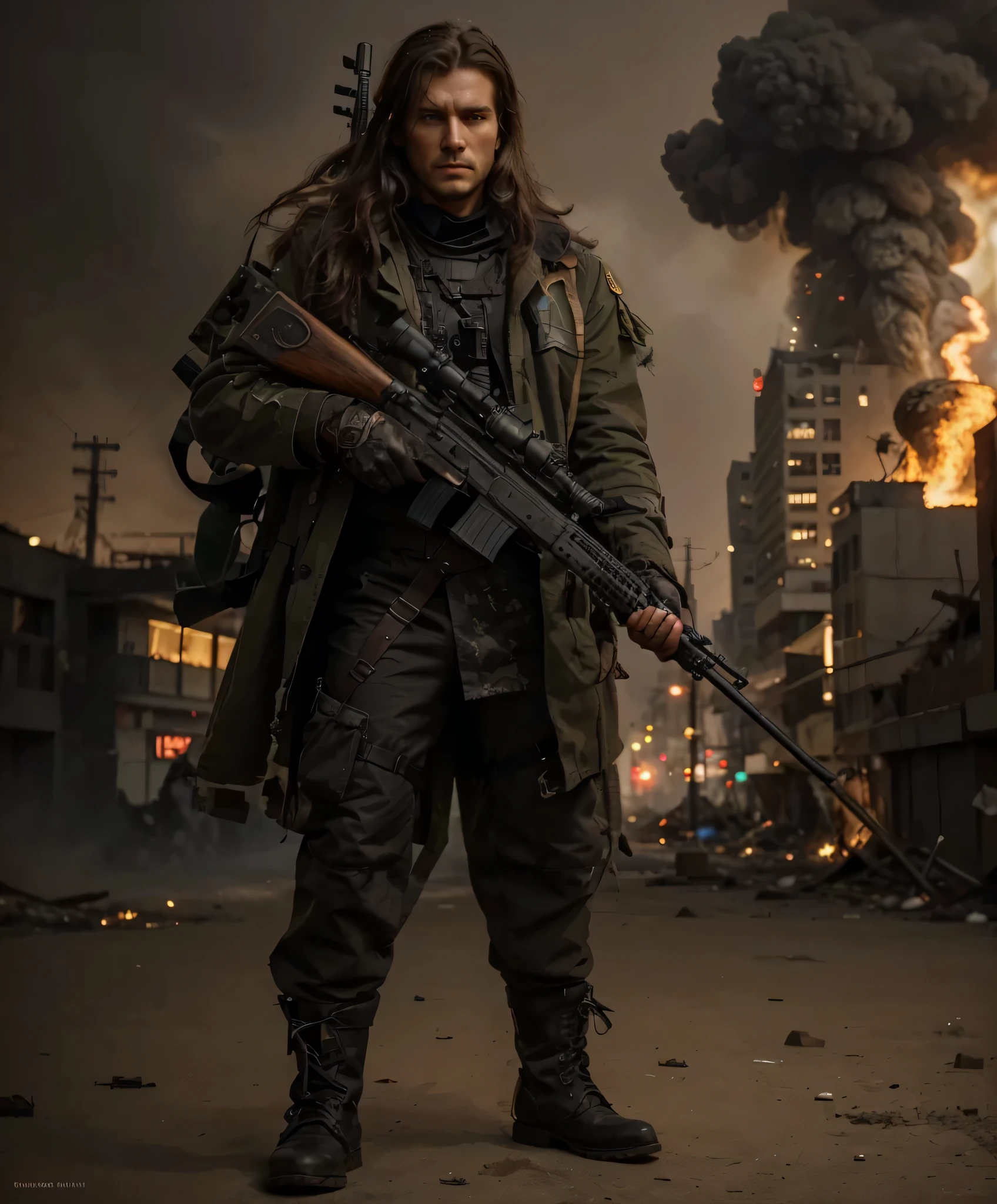 Soldado masculino, cara rusa, long brown hair, serious expression, lleva una cinta roja en la frente, greenish gray soviet style winter military uniform, Soviet style military coat reinforced with metal plates., botas militares negras largas, metal shoulder pads, guantes de cuero negro, ammunition belts, he holds a rifle, en su espalda lleva un rifle de francotirador, he is in a destroyed asian city, mucho humo y fuego, Luz de noche, 4k, imagen ultra detallada, Realista, muy detallado, perfect composition, gorgeous, Intrincadamente detallado, incredibly detailed, 8K fine art photography, hiper detallado, obra maestra, ultra detallado, hyper Realista, 4k, ultra detallado image, Realista, muy detallado, perfect composition, gorgeous, Intrincadamente detallado, incredibly detailed, 8K fine art photography, hiper detallado, obra maestra