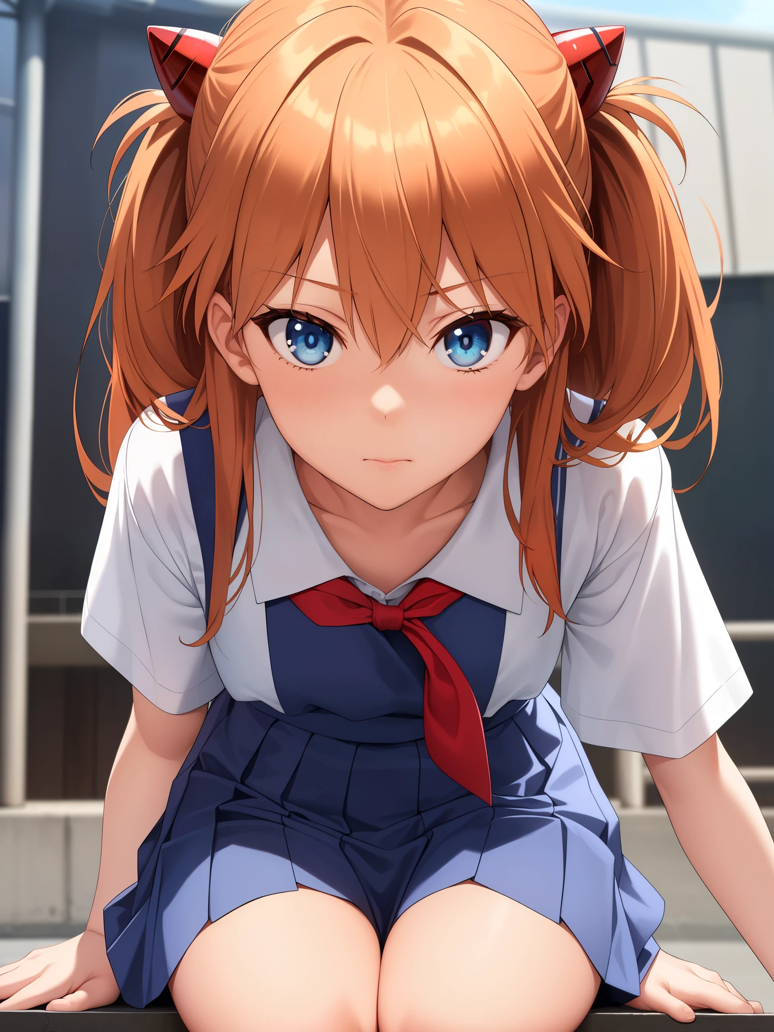 (masterpiece, highest quality:1.2), (Tsurime:1.2),
(face focus, close up of face, close up of face:1.2), Tsurime, 1 girl, Soryu Asuka Langley, alone, blue eyes, school uniform, looking at the viewer, long hair, think back, Tokyo-3 middle school , orange hair, white shirt, from behind, shirt, short sleeve, closed mouth, bangs, two side up, stage, legs stick out from frame, white socks, suspender skirt, blue skirt, blue dress, outdoor, dress, hair ornaments,