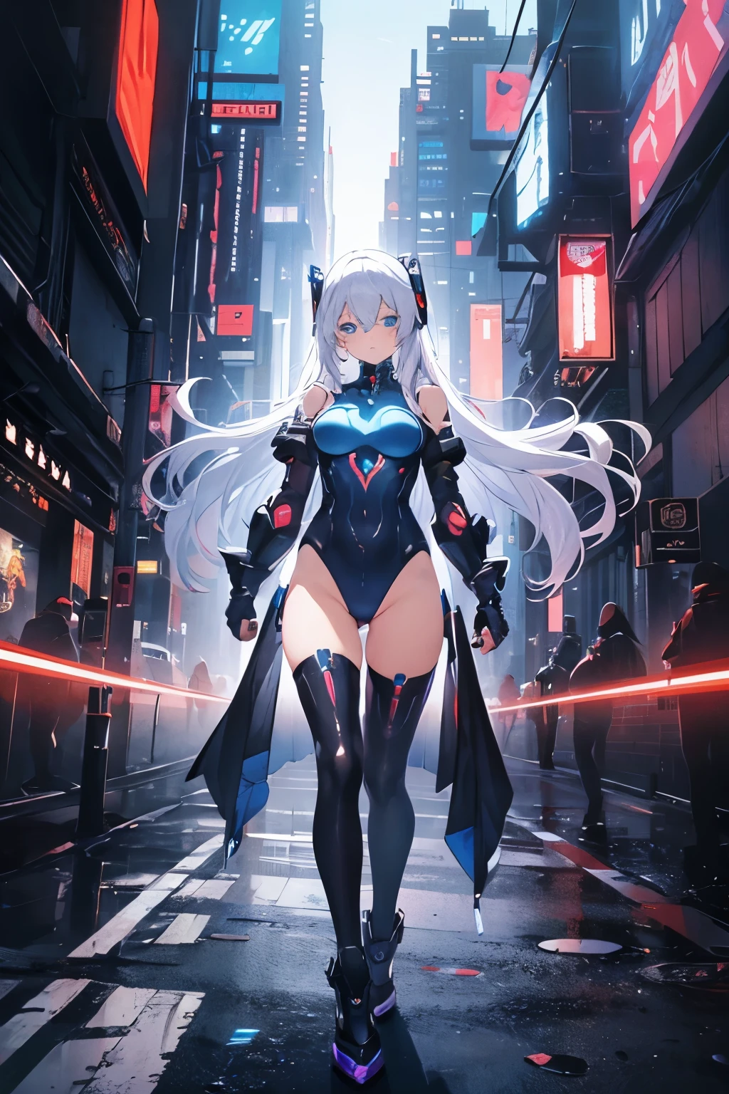 (masterpiece), (best quality), (ultra-detailed), (best illustration),(best shadow), anime girl , long white hair , blue eyes , in leotard , futurestic, cyberpunk, full body