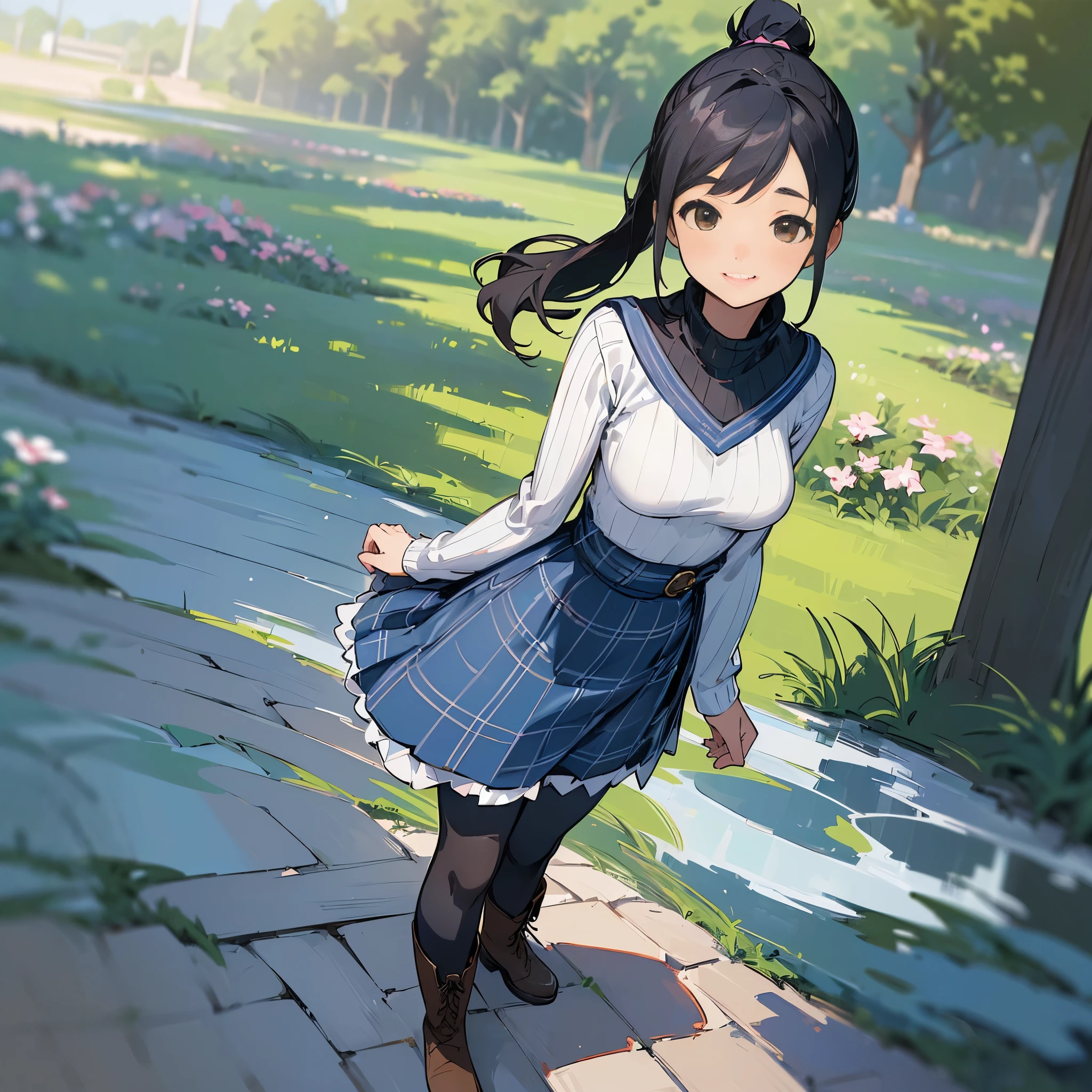 (high quality, high resolution, Super detailed, Reality:1.37), peaceful atmosphere, (outdoor, garden), girl standing alone, (My breasts are big.), Beautiful detailed features, cute smile, (black hair ponytail), ribbed sweater, blue plaid skirt, Black tights, brown boots.