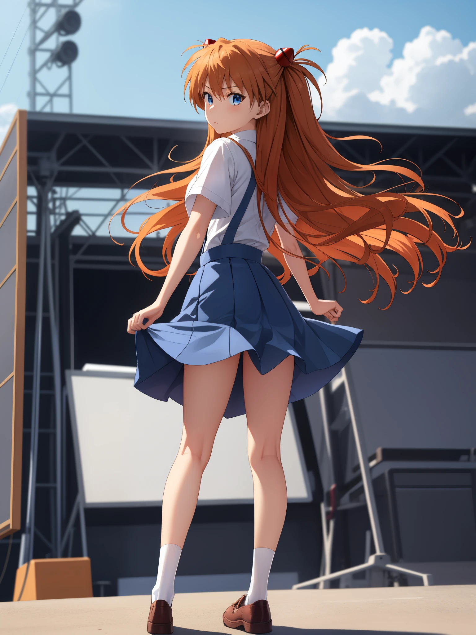 (masterpiece, highest quality:1.2), (Tsurime:1.2),
 Tsurime, 1 girl, Soryu Asuka Langley, alone, blue eyes, school uniform, looking at the viewer, long hair, think back, Tokyo-3 middle school , orange hair, white shirt, from behind, shirt, short sleeve, closed mouth, bangs, two side up, stage, legs stick out from frame, white socks, suspender skirt, blue skirt, blue dress, outdoor, dress, hair ornaments,
 
