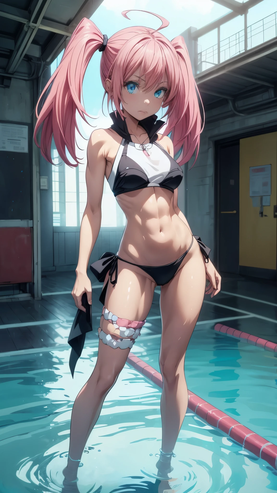 1 girl, (medium breasts))), (((wearing short bikini))), (pink hair), (((blue eyes))), thin arms, (in the pool), (slim waist), ((( muscular legs))), muscular belly, (wearing a black high heel shoe), showing her big ass to me, (((full body photo))), (twintails), long eyes, eye reflex, bad mood, anime, anime style, ray tracing, glow, drop shadow, Panorama, Sony FE, 8k, UDisk, artwork, accurate, anatomically correct, super detail, best quality, Ultra high resolution, Hard Udisk, 16k