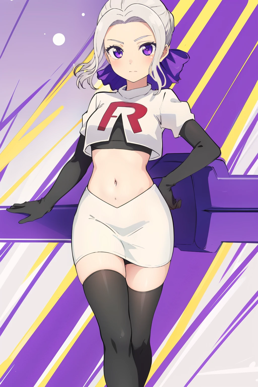 ((best quality)),((highly detailed)),masterpiece,absurdres,detailed face,beautiful face,(detailed eyes, deep eyes),(1girl),((dynamic pose)), shino, 1girl, solo, purple eyes, looking at viewer, fairy background, ribbon, hair ribbon, purple ribbon, white hair, team rocket,team rocket uniform,white skirt,red letter R,crop top,black thigh-highs,black elbow gloves