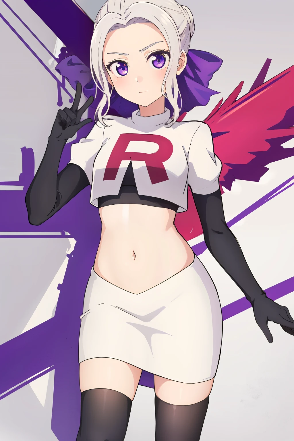 ((best quality)),((highly detailed)),masterpiece,absurdres,detailed face,beautiful face,(detailed eyes, deep eyes),(1girl),((dynamic pose)), shino, 1girl, solo, purple eyes, looking at viewer, fairy background, ribbon, hair ribbon, purple ribbon, white hair, team rocket,team rocket uniform,white skirt,red letter R,crop top,black thigh-highs,black elbow gloves