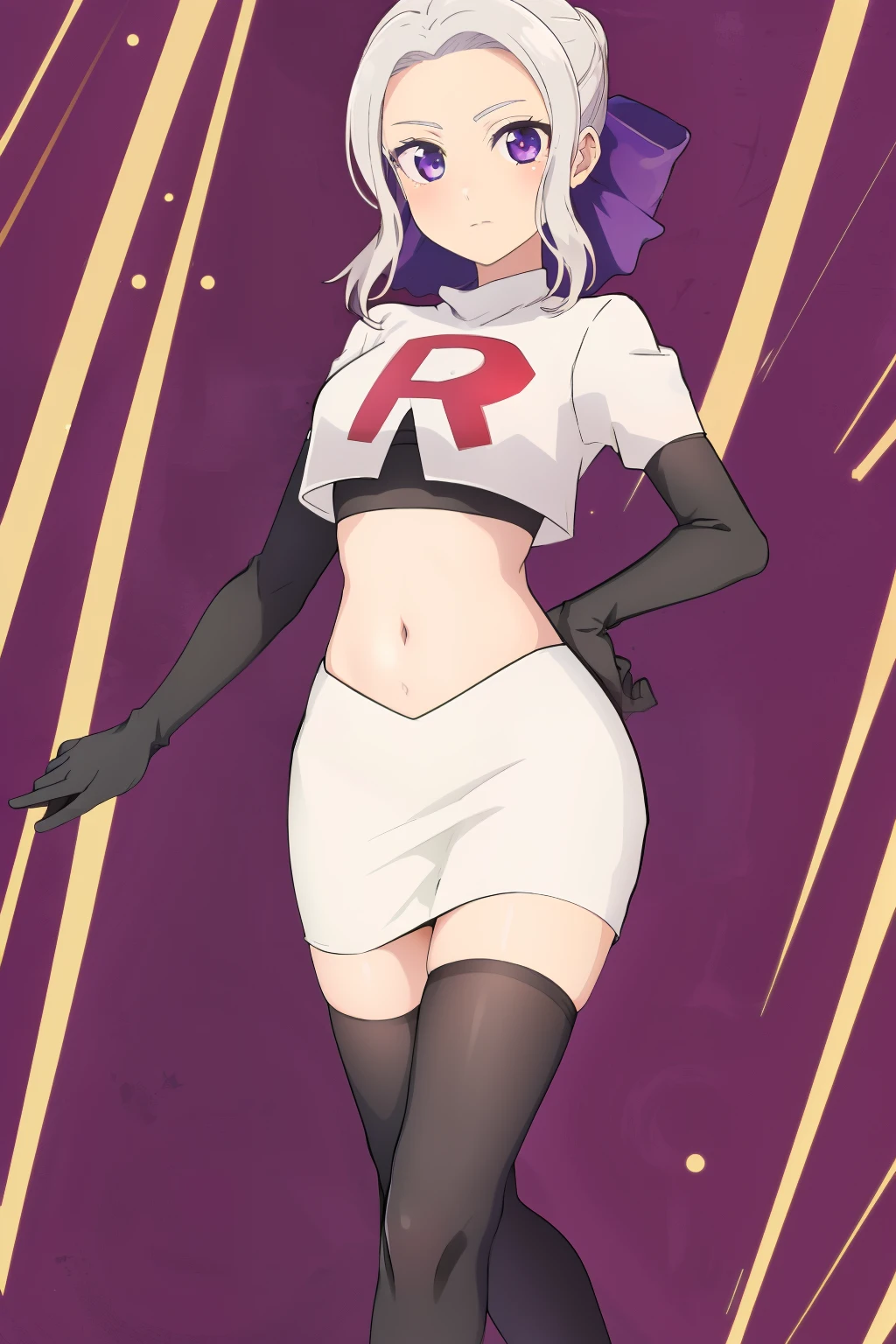 ((best quality)),((highly detailed)),masterpiece,absurdres,detailed face,beautiful face,(detailed eyes, deep eyes),(1girl),((dynamic pose)), shino, 1girl, solo, purple eyes, looking at viewer, fairy background, ribbon, hair ribbon, purple ribbon, white hair, team rocket,team rocket uniform,white skirt,red letter R,crop top,black thigh-highs,black elbow gloves