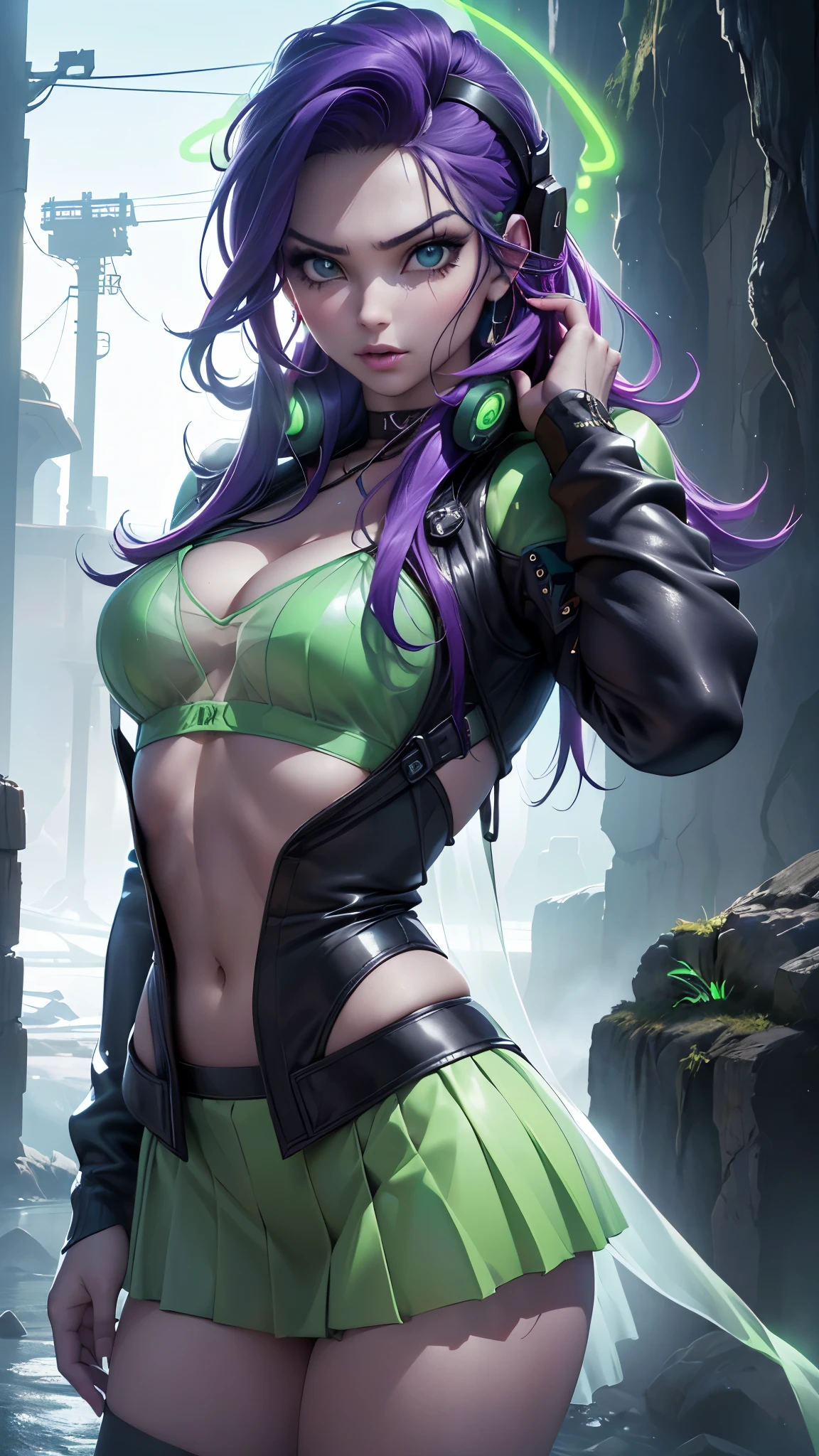 (La mejor calidad,A high resolution,Ultra - detallado,actual),Ariana Grande vestida con chaqueta verde ciborg,dance balet ,(chaqueta student neon verde:1.4), (miniskirt transparente verde colegiala ciborg:1.4),tokyo city alley wall background, cabello largo white canoso, ,More detailed 8K.motor irreal:1.4,UHD,La mejor calidad:1.4, fotorrealista:1.4, textura de la piel:1.4, obra maestra:1.8,obra-prima, mejor calidad,objeto Objeto], (detailed face features:1.3),(Las proporciones correctas),(convexo Dedos detallados),(Ojos hermosos azules),  (pose vaquero) ,(chaqueta transparente verde ciberpunk:1.4), (fondo hielo congelado caverna:1.4), (chaqueta  violeta ciborg:1.4), cabello largo rojo, (perfect anatomy ), (tiene un parche en el ojo de pirata:1.4) ,(cyber cyborg orange red chaqueta) , (mostrando vientre plano), (has transparent plastic clothing:1.4) ,(mostrando panties encaje) ,(Piel negra Africana:1.4) ,( ciberpunk 2.1), (cabello largo blue neon:1.4), (yellow cyberpunk Bluetooth headphones on the head:1.4) ,(mostrando brasier color amarillo encaje lingerie:1.4), pechos grandes, (realistic:2.1), 