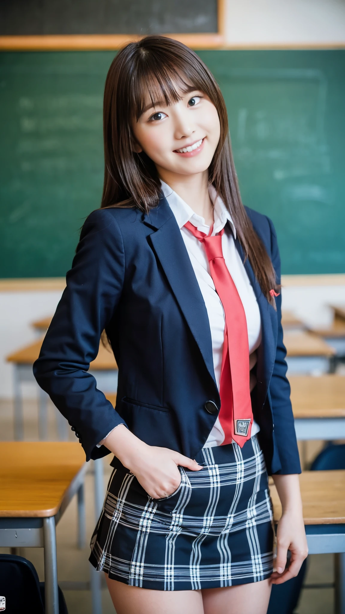 Stand in the classroom of school2girl girl,Red Tie Uniform,Dark Blue Closed Blazer,blue plaid miniskirt,18-year-old,bangs,a little smile,thighs,knees,from below,random pose,pretty girl,slender girl,