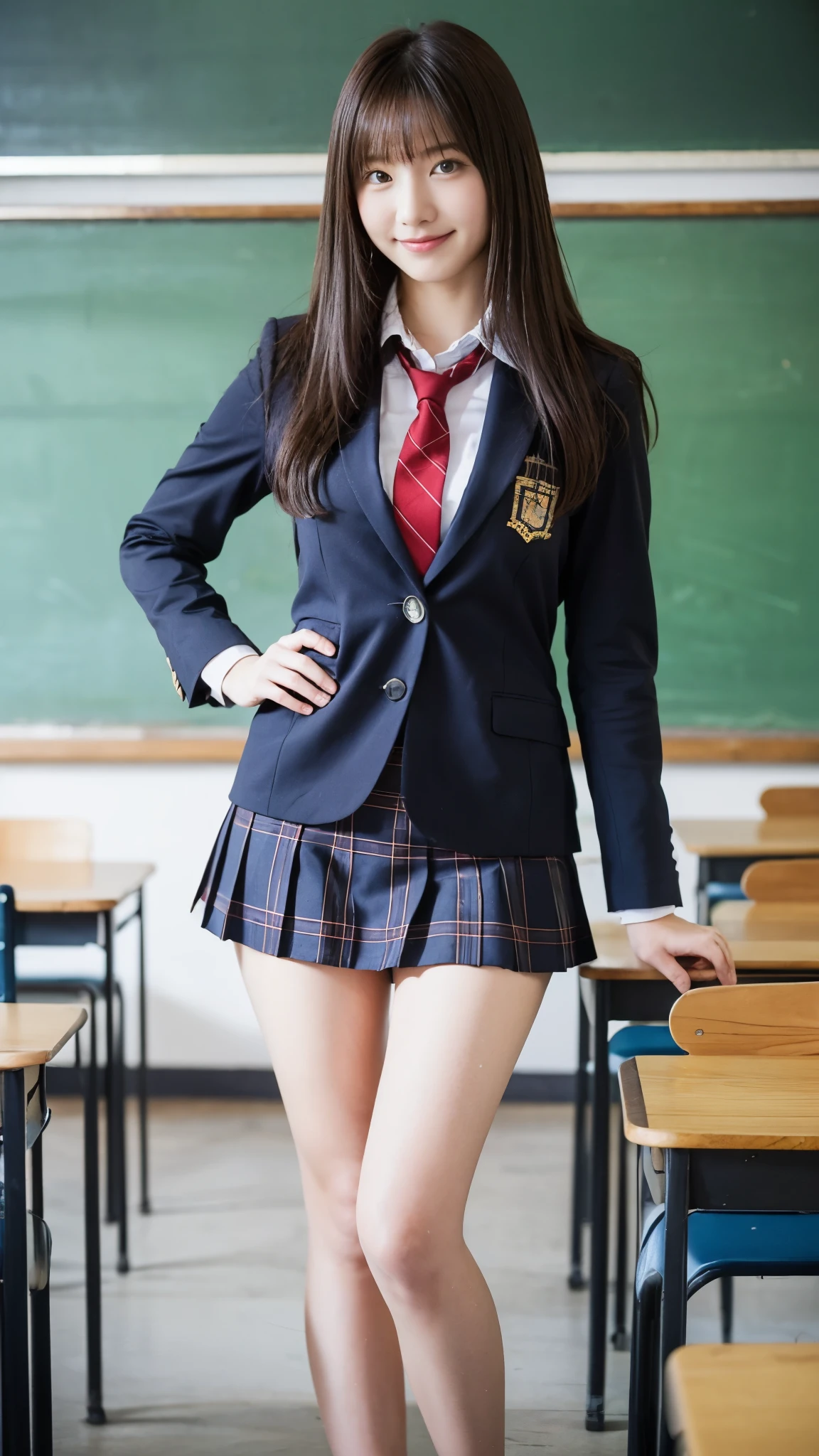 Stand in the classroom of school２girl girl,Red Tie Uniform,Dark Blue Closed Blazer,blue plaid miniskirt,18-year-old,bangs,a little smile,thighs,knees,from below，random pose，pretty girl，slender girl，