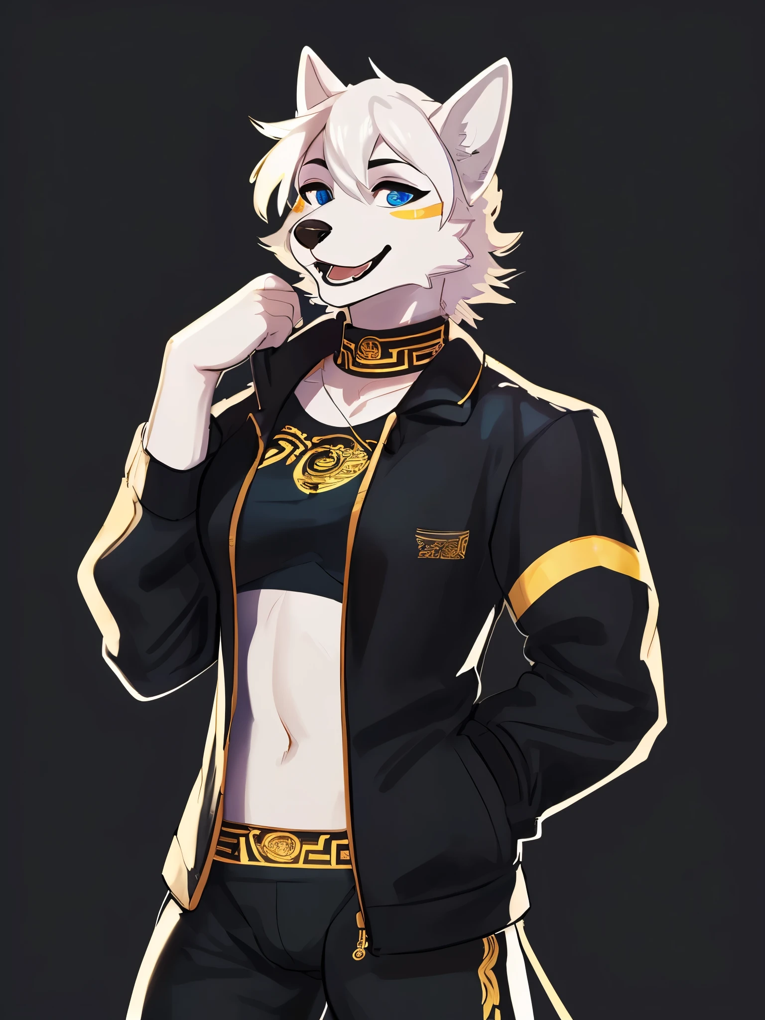 by bebebebebe, by lostgoose, by goonie-san, solo, female, standing, ((snout, hair, white hair, white husky)), detailed eyes, german city, open mouth, smiling, happy, ((designer clothes, versace, black jacket)),