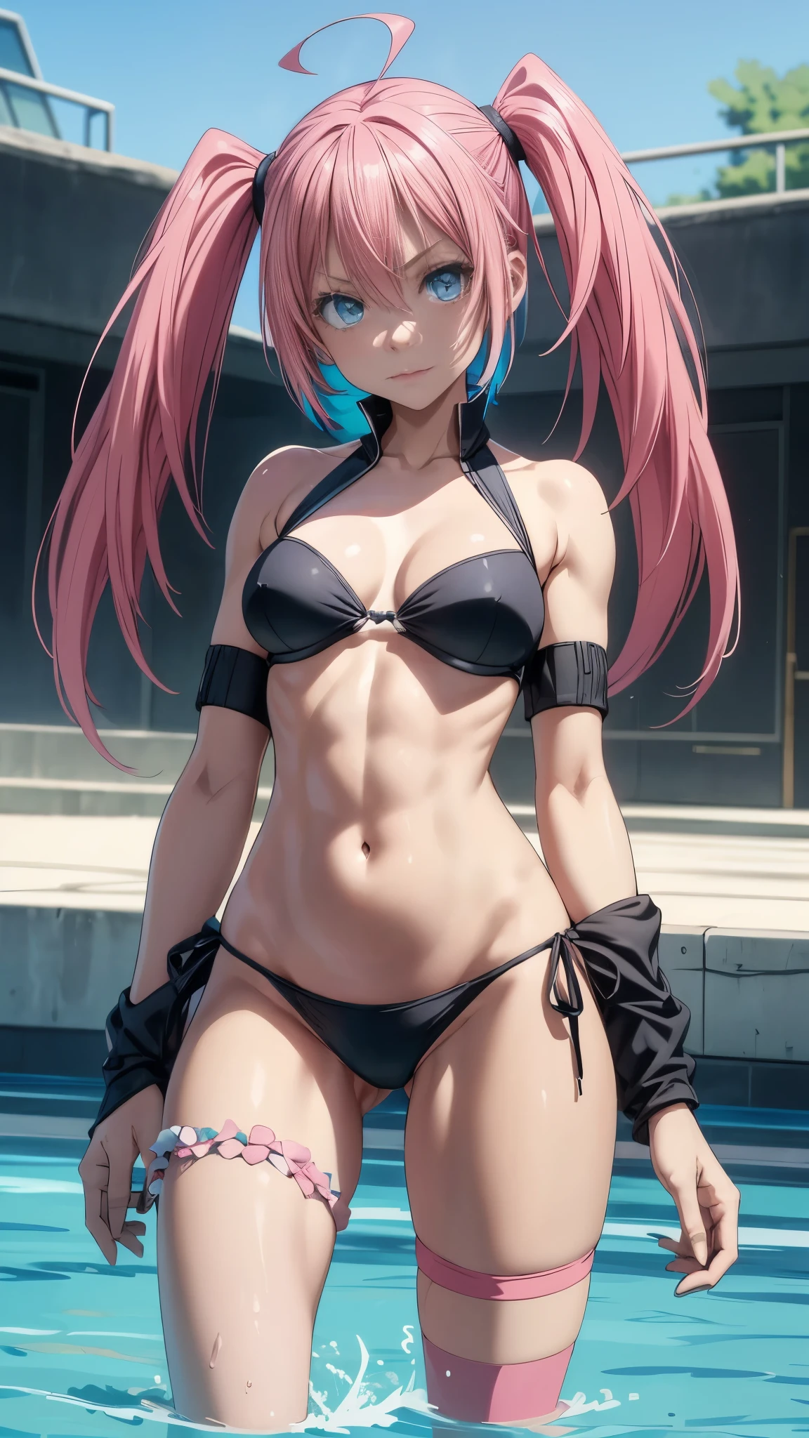 1 girl, (medium breasts))), (((wearing short bikini))), (pink hair), (((blue eyes))), thin arms, (in the pool), (slim waist), ((( muscular legs))), muscular belly, (wearing a black high heel shoe), showing her big ass to me, (((full body photo))), (twintails), long eyes, eye reflex, bad mood, anime, anime style, ray tracing, glow, drop shadow, Panorama, Sony FE, 8k, UDisk, artwork, accurate, anatomically correct, super detail, best quality, Ultra high resolution, Hard Udisk, 16k