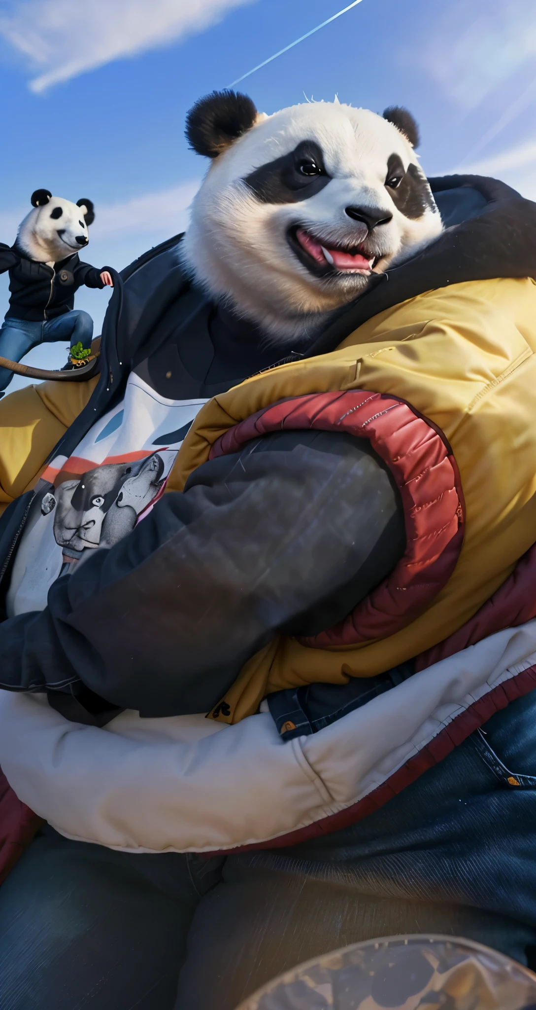 Real life adaption of this character, realistic panda,wear realistic same outfit, wear same jacket and blue jeans pants,there is a realistic frog on her shoulder, realistic light, realistic shadow, realism, hyper realistic, (photorealistic 1:2)