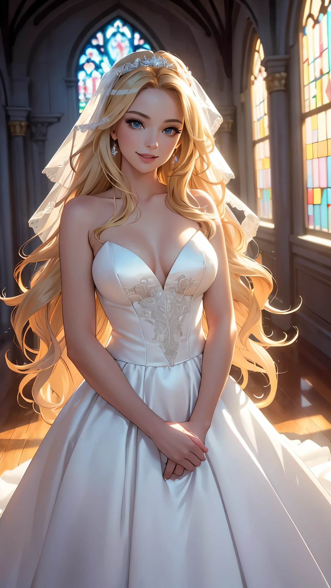 (best quality,ultra-detailed,photo-realistic:1.37),bright and vibrant colors,studio lighting,playful expression,stylish makeup,long blonde hair flowing in the wind,alluring eyes,glossy lips,sexy pose,wedding dress, in front of Chapel, smiling in a confident and seductive way,posing for a professional photoshoot,shallow depth of field,highlighting the main subject,soft natural lighting,creating a dreamy and magical atmosphere.