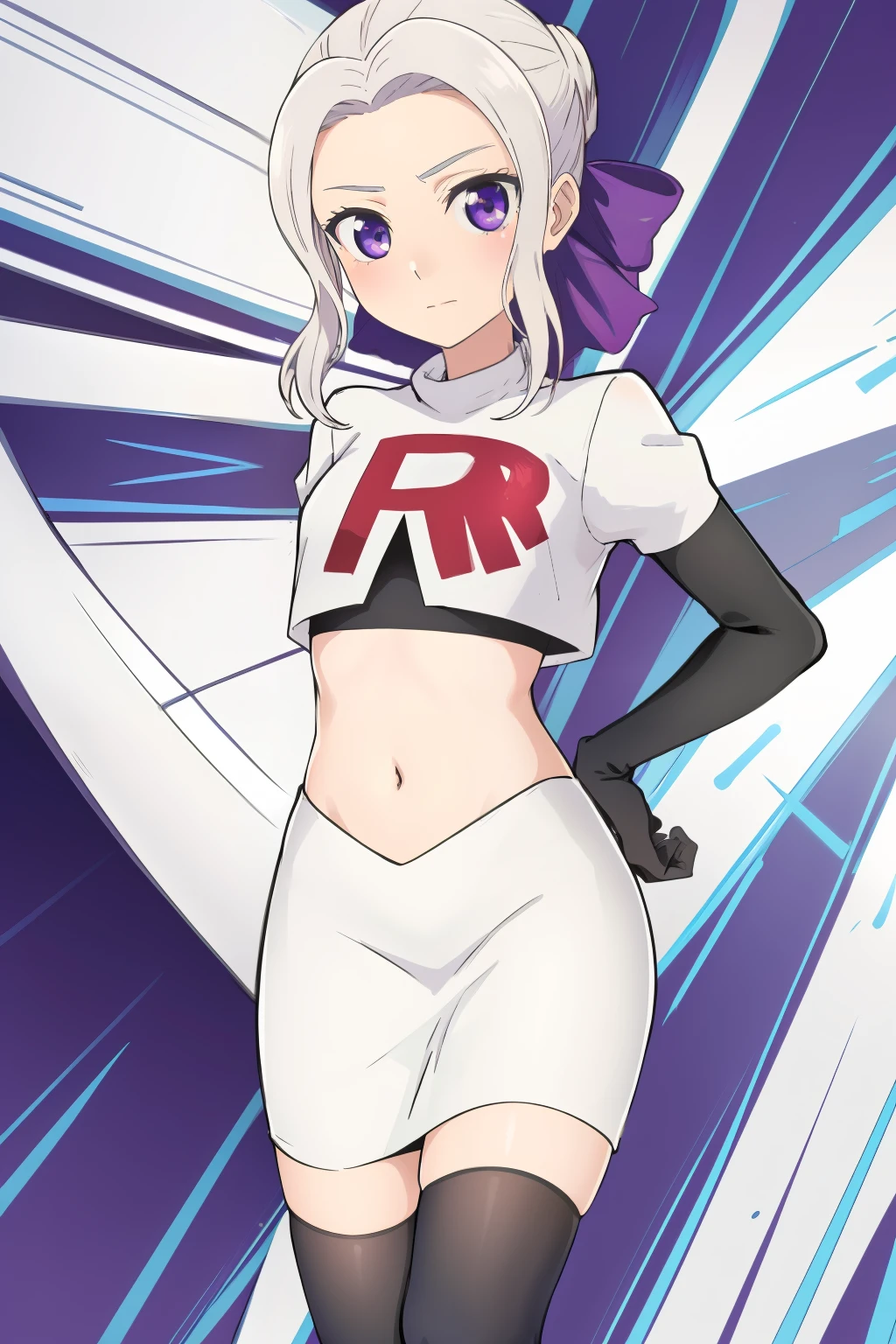 ((best quality)),((highly detailed)),masterpiece,absurdres,detailed face,beautiful face,(detailed eyes, deep eyes),(1girl),((dynamic pose)), shino, 1girl, solo, purple eyes, looking at viewer, fairy background, ribbon, hair ribbon, purple ribbon, white hair, team rocket,team rocket uniform,white skirt,red letter R,crop top,black thigh-highs,black elbow gloves