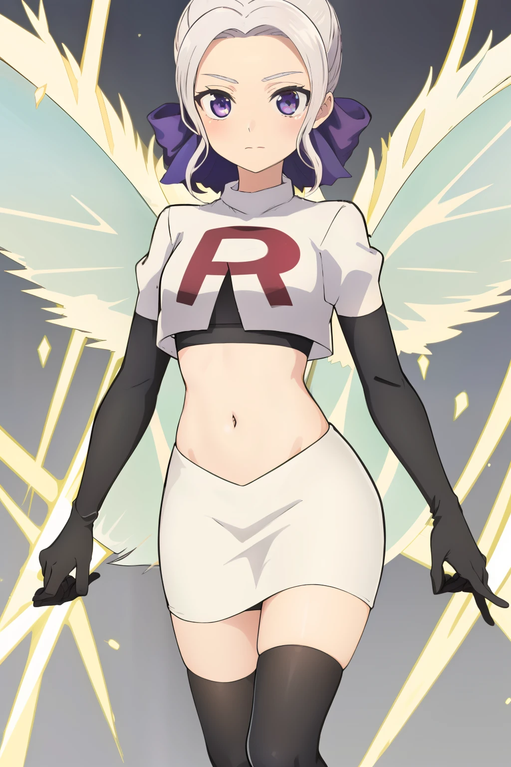 ((best quality)),((highly detailed)),masterpiece,absurdres,detailed face,beautiful face,(detailed eyes, deep eyes),(1girl),((dynamic pose)), shino, 1girl, solo, purple eyes, looking at viewer, fairy background, ribbon, hair ribbon, purple ribbon, white hair, team rocket,team rocket uniform,white skirt,red letter R,crop top,black thigh-highs,black elbow gloves