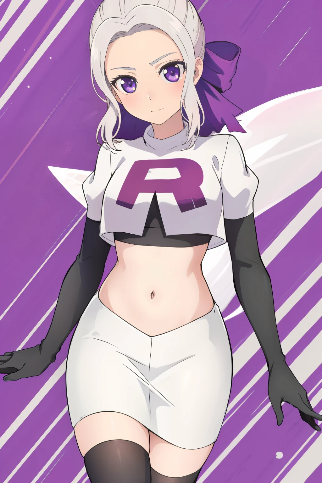 ((best quality)),((highly detailed)),masterpiece,absurdres,detailed face,beautiful face,(detailed eyes, deep eyes),(1girl),((dynamic pose)), shino, 1girl, solo, purple eyes, looking at viewer, fairy background, ribbon, hair ribbon, purple ribbon, white hair, team rocket,team rocket uniform,white skirt,red letter R,crop top,black thigh-highs,black elbow gloves