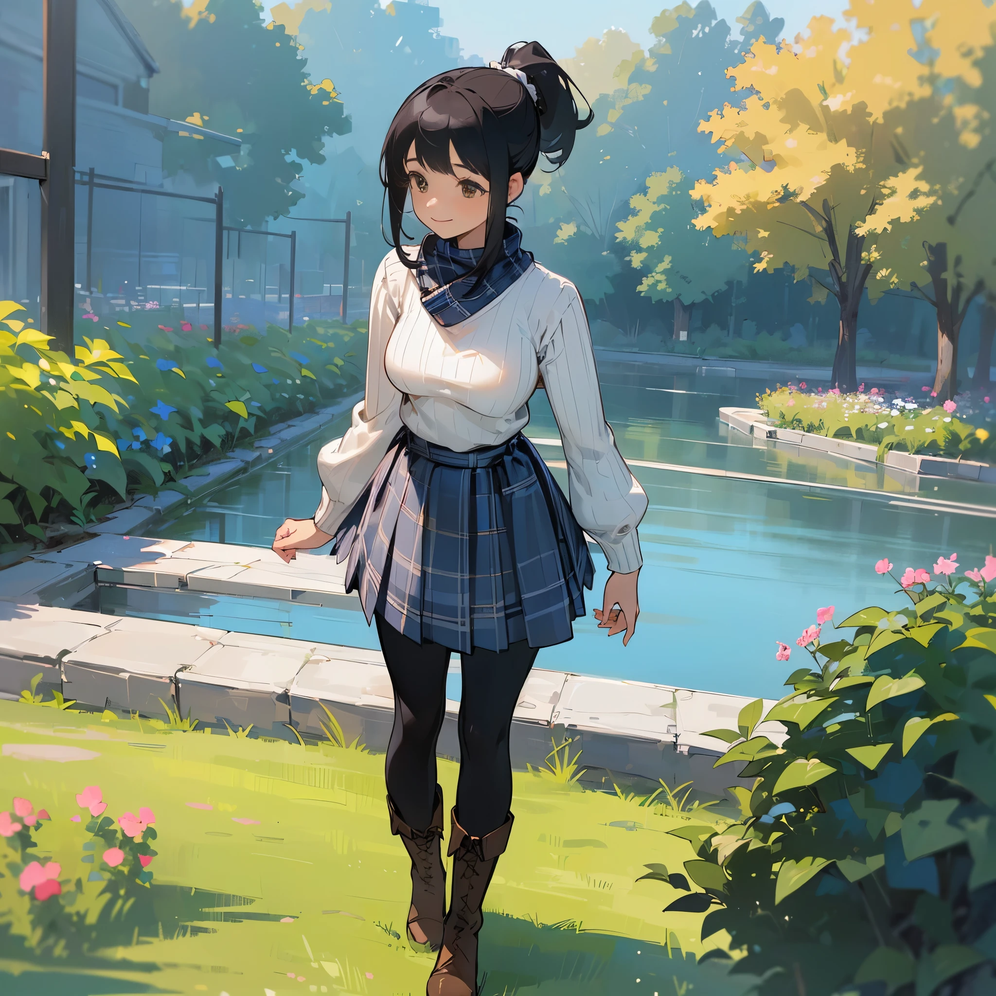 (high quality, high resolution, Super detailed, Reality:1.37), peaceful atmosphere, (outdoor, garden),  girl standing alone, (My breasts are big.), Beautiful detailed features, cute smile, (black hair ponytail), ribbed sweater, blue plaid skirt, Black tights, brown boots.