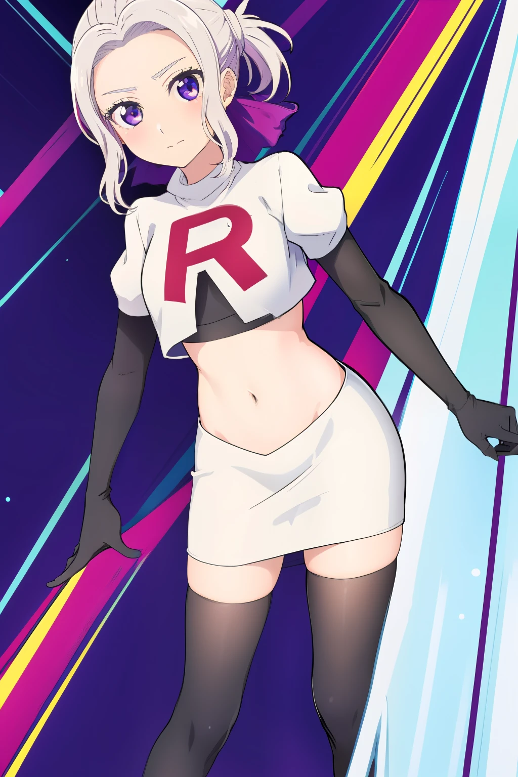 ((best quality)),((highly detailed)),masterpiece,absurdres,detailed face,beautiful face,(detailed eyes, deep eyes),(1girl),((dynamic pose)), shino, 1girl, solo, purple eyes, looking at viewer, fairy background, ribbon, hair ribbon, purple ribbon, white hair, team rocket,team rocket uniform,white skirt,red letter R,crop top,black thigh-highs,black elbow gloves