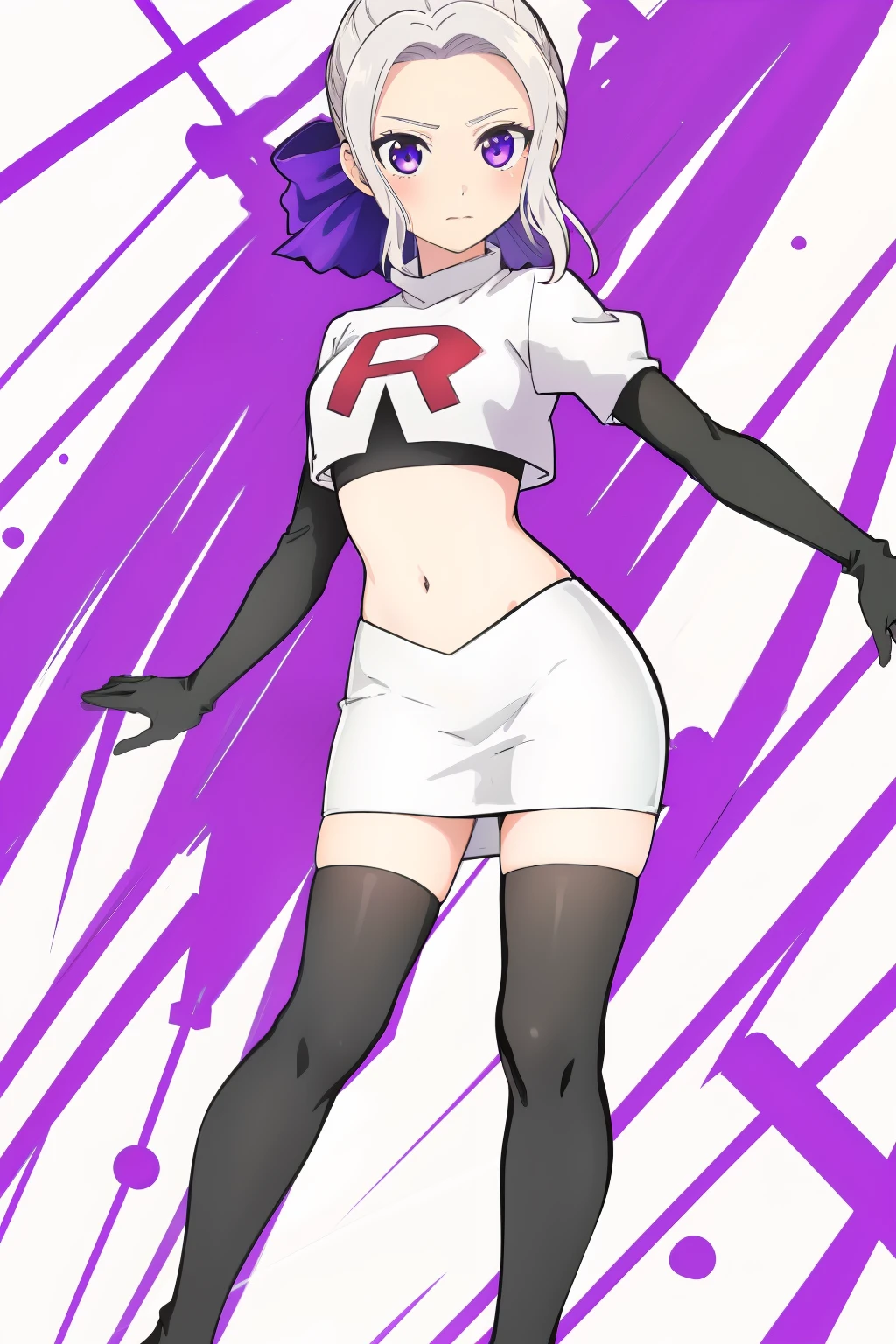 ((best quality)),((highly detailed)),masterpiece,absurdres,detailed face,beautiful face,(detailed eyes, deep eyes),(1girl),((dynamic pose)), shino, 1girl, solo, purple eyes, looking at viewer, fairy background, ribbon, hair ribbon, purple ribbon, white hair, team rocket,team rocket uniform,white skirt,red letter R,crop top,black thigh-highs,black elbow gloves