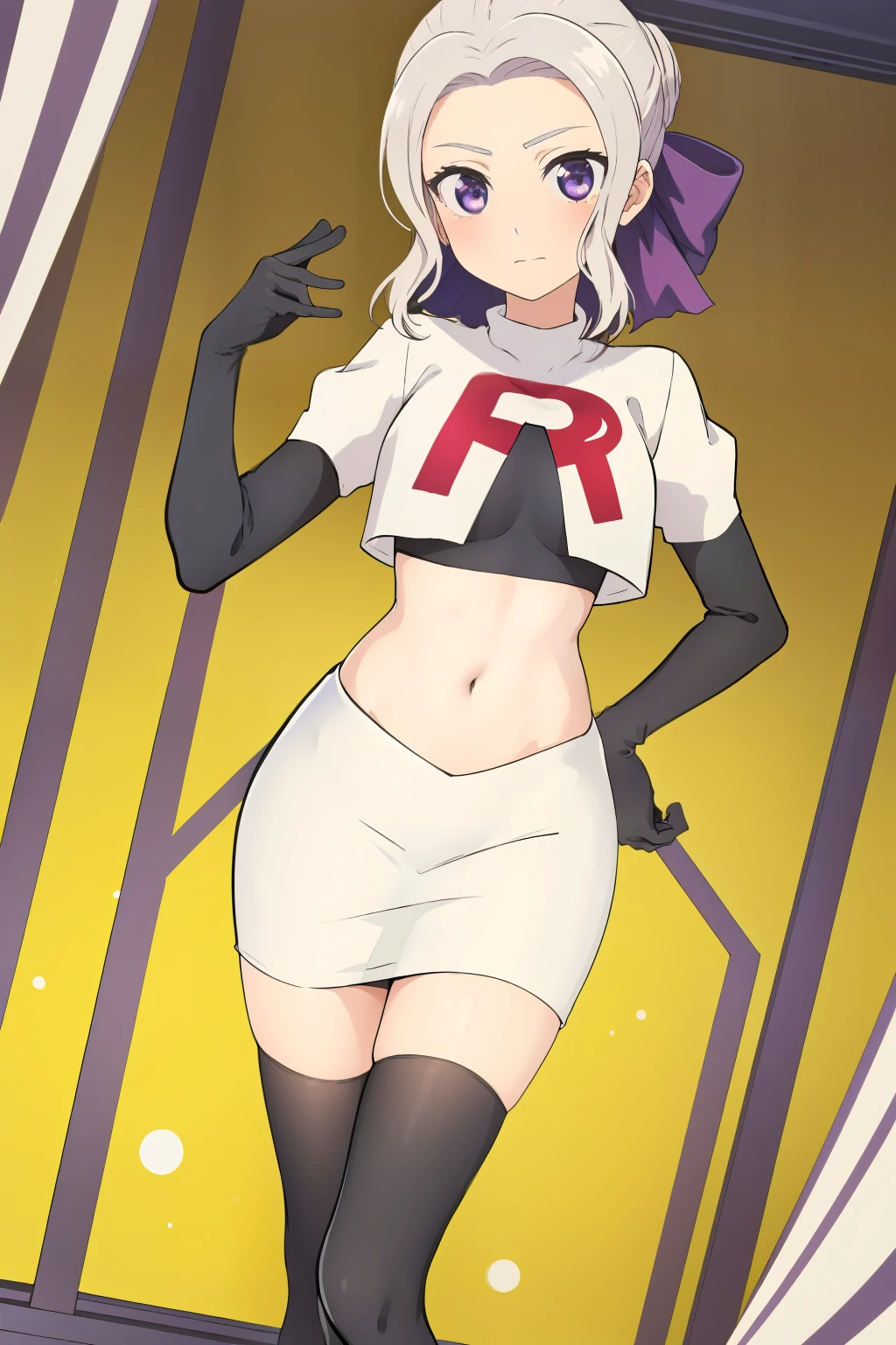 ((best quality)),((highly detailed)),masterpiece,absurdres,detailed face,beautiful face,(detailed eyes, deep eyes),(1girl),((dynamic pose)), shino, 1girl, solo, purple eyes, looking at viewer, fairy background, ribbon, hair ribbon, purple ribbon, white hair, team rocket,team rocket uniform,white skirt,red letter R,crop top,black thigh-highs,black elbow gloves