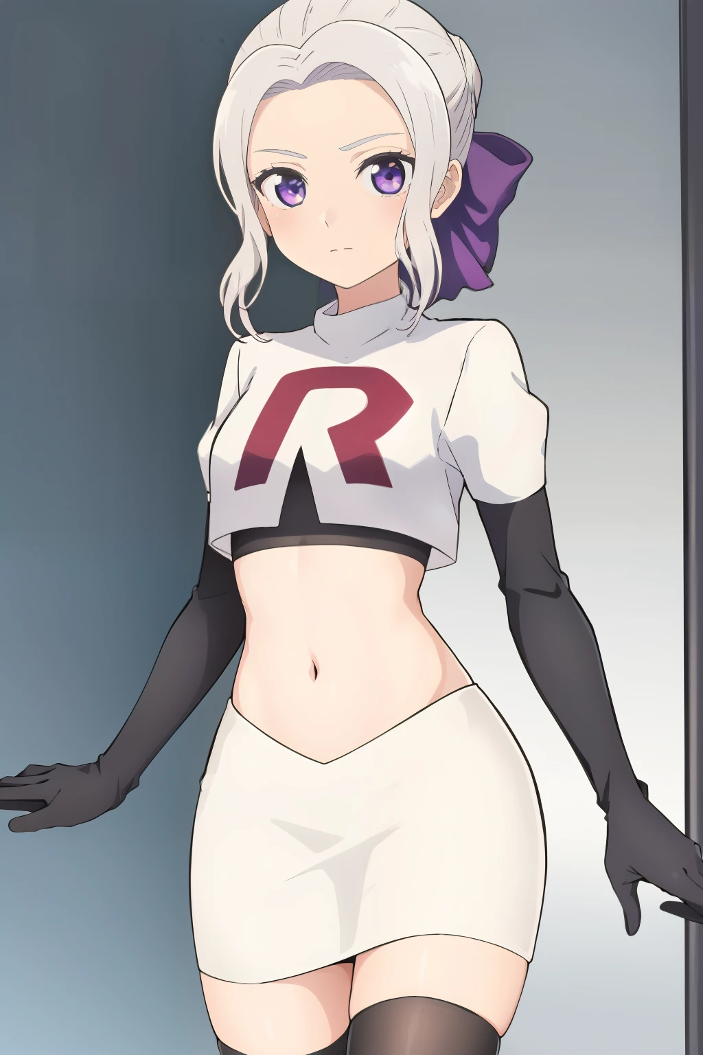 ((best quality)),((highly detailed)),masterpiece,absurdres,detailed face,beautiful face,(detailed eyes, deep eyes),(1girl),((dynamic pose)), shino, 1girl, solo, purple eyes, looking at viewer, fairy background, ribbon, hair ribbon, purple ribbon, white hair, team rocket,team rocket uniform,white skirt,red letter R,crop top,black thigh-highs,black elbow gloves