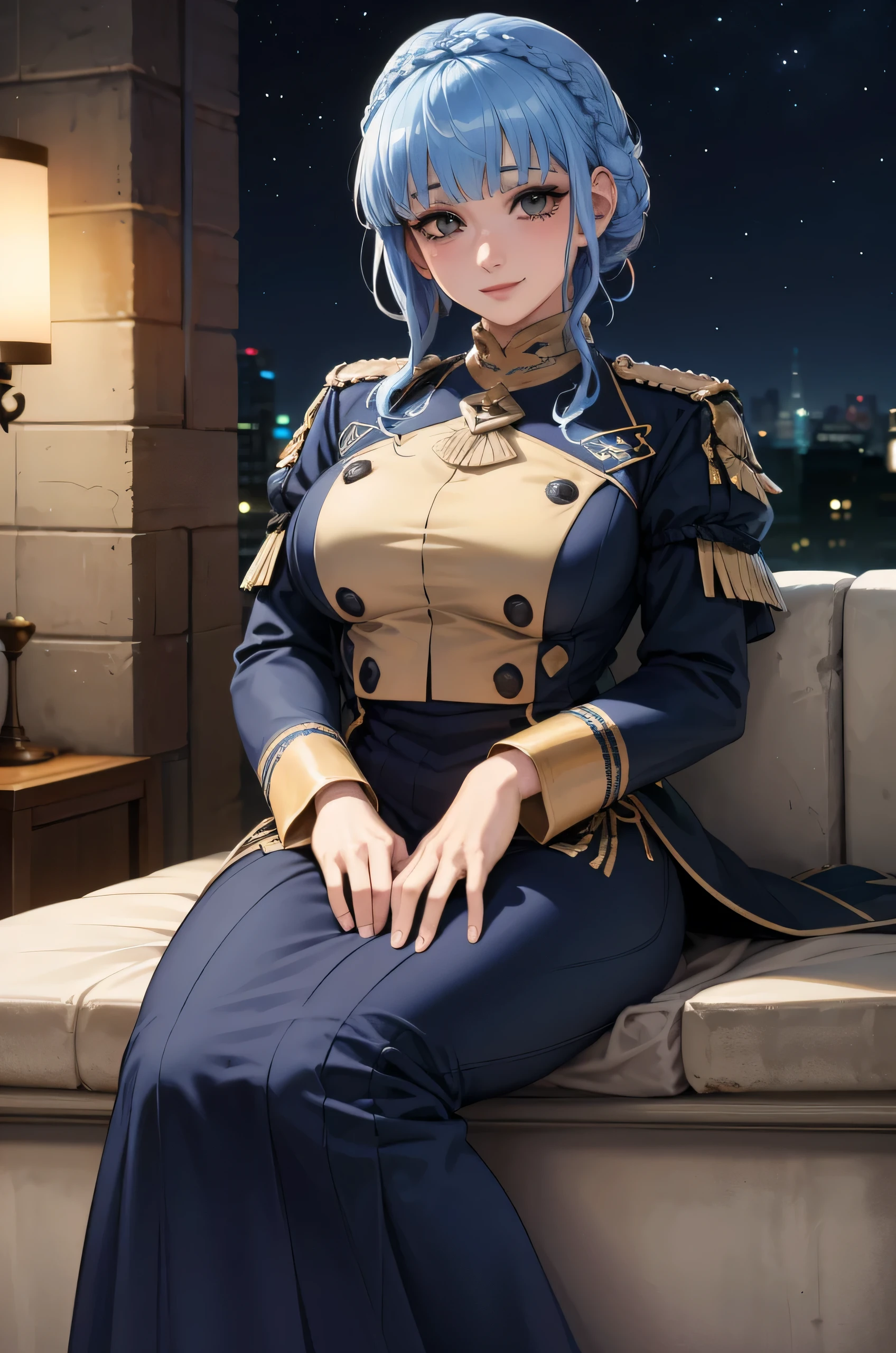 (best quality,masterpiece:1.3), (mature woman, milf), tall, anime, masterpiece, beautiful eyes, detailed eyes, best quality, detailed face, 1girl, solo, marianne_academy, uniform, black skirt, garreg mach monastery uniform, long dress, blue pantyhose, crown braid, uniform, epaulettes, long sleeves, beautiful, smiling, blushing, thick thighs, plump, sciamano240, soft shading, detailed, semi-realistic,